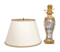 A Gilt Bronze and Rose Medallion Porcelain Vase Mounted as a Lamp