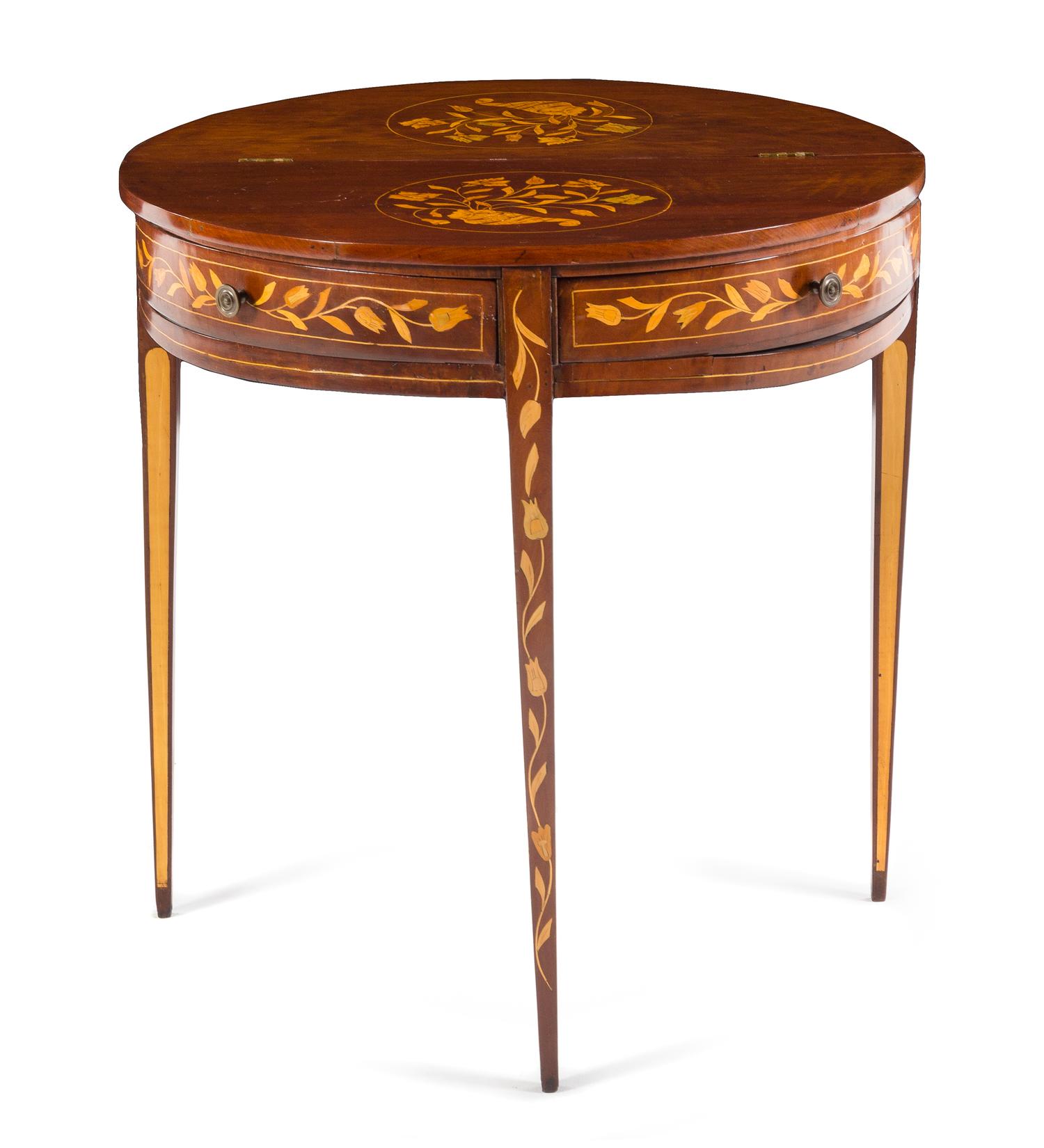 A George III Marquetry Flip-Top Table Height 29 1/2 x width 30 1/8 x depth 14 3/4 inches. — LATE 18TH/EARLY 19TH CENTURY