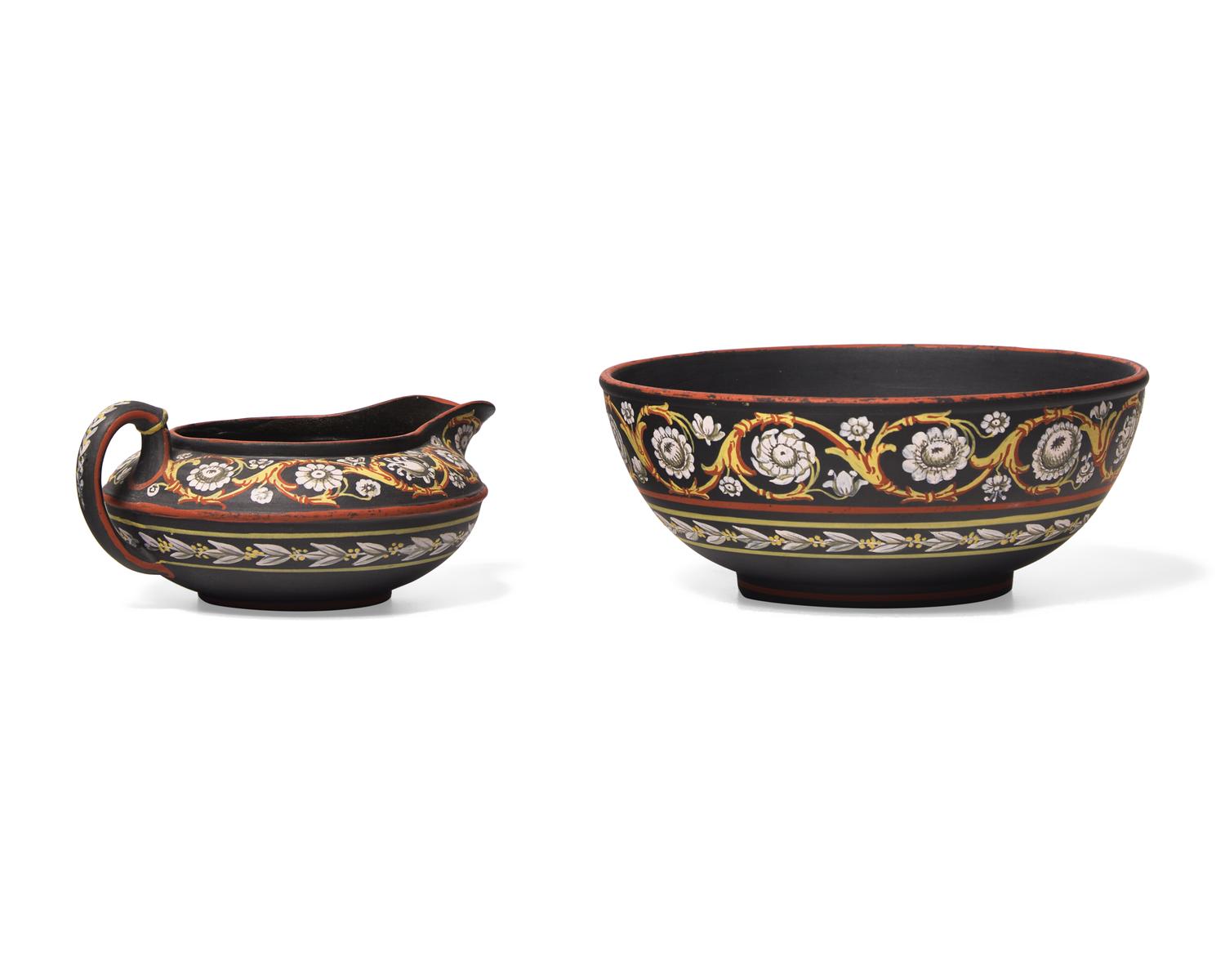 Two Wedgwood Encaustic-Decorated Basalt Tablewares