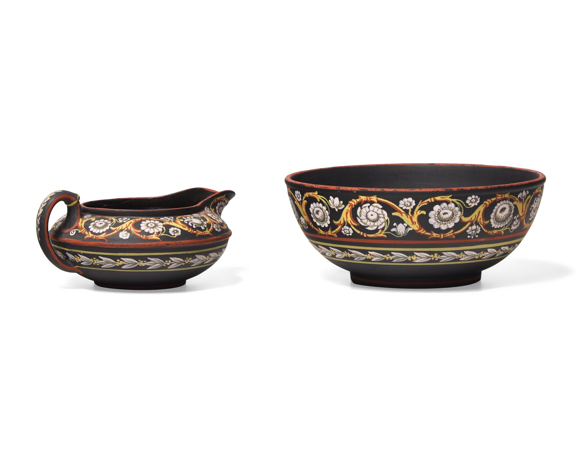 Two Wedgwood Encaustic-Decorated Basalt Tablewares