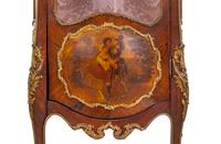 A Louis XV Style Gilt Bronze Mounted Kingwood and Vernis Martin-Decorated Marble-Top Vitrine Cabinet