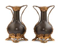 A Pair of Thiebaut Frères Patinated and Gilt Bronze Vases