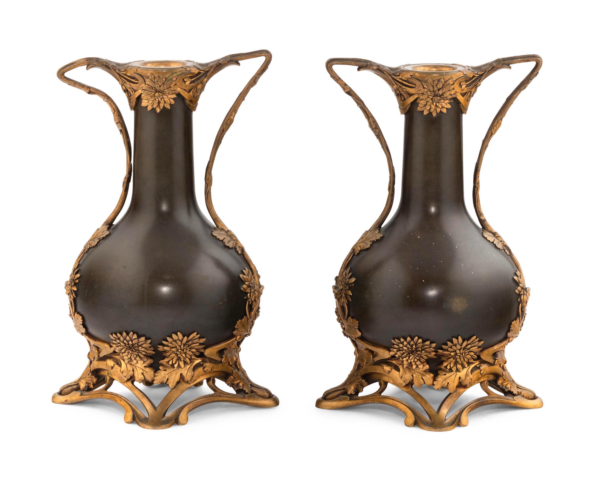 A Pair of Thiebaut Frères Patinated and Gilt Bronze Vases