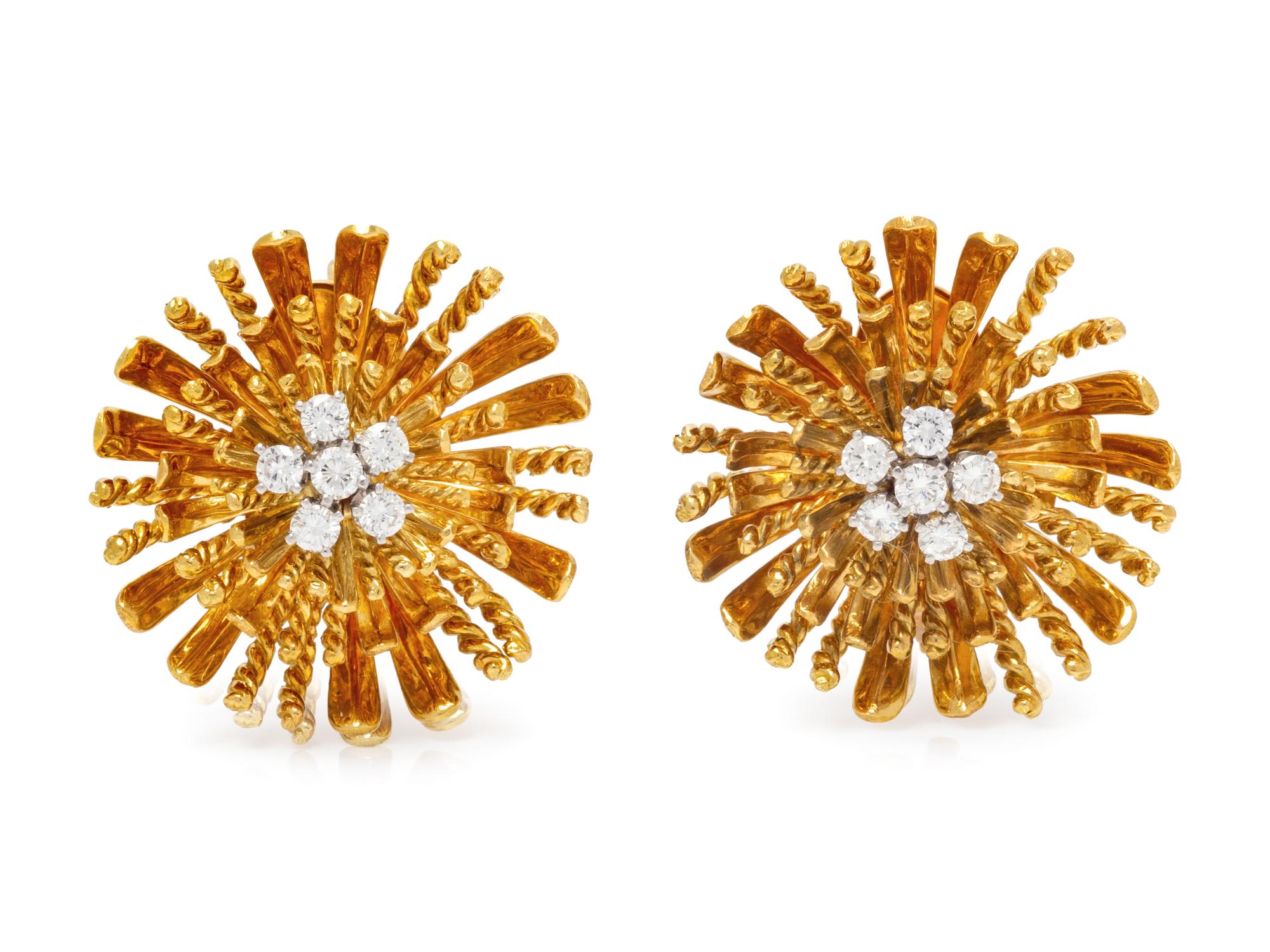 A Pair of 18 Karat Yellow Gold and Diamond Earclips,