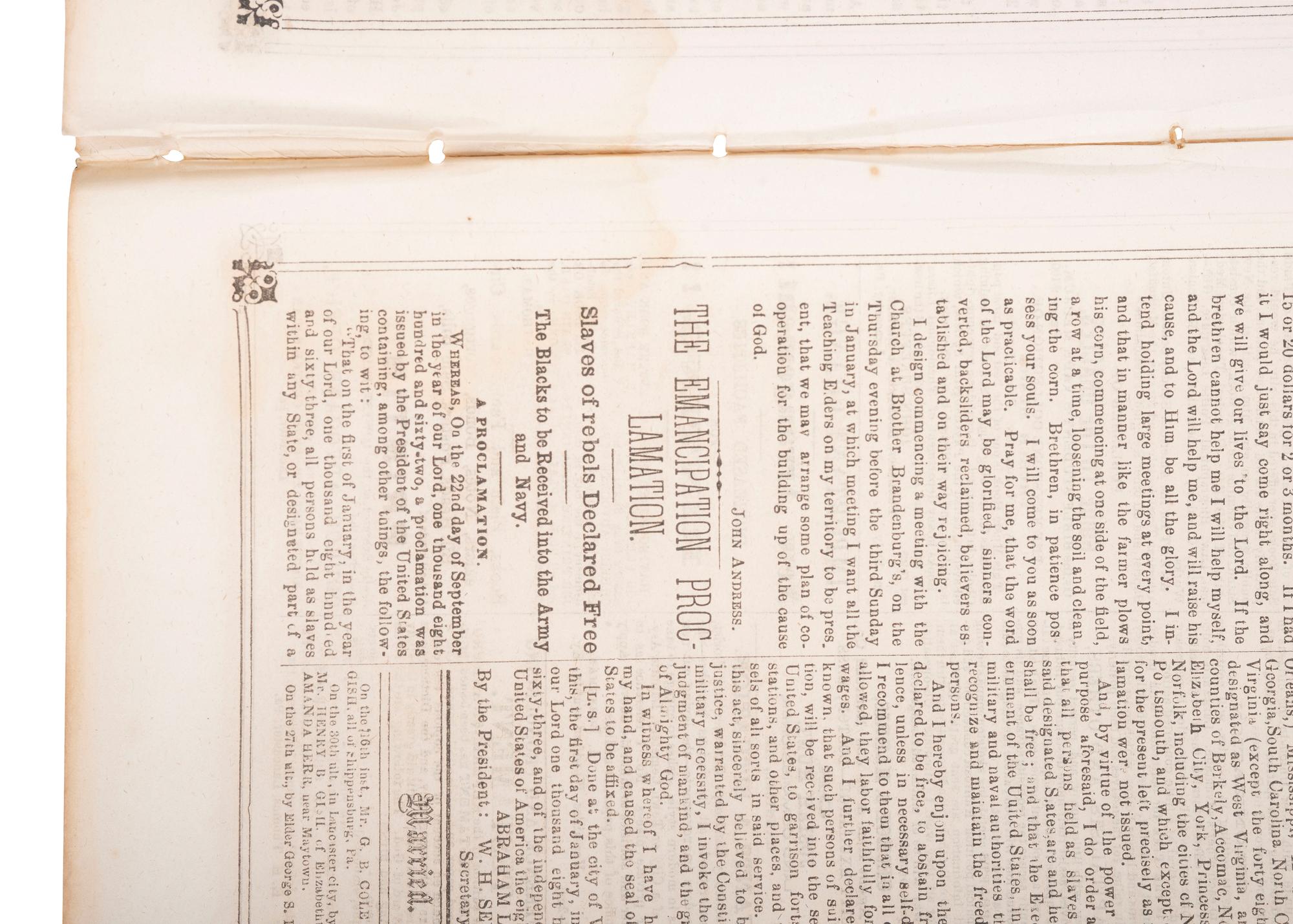 [EMANCIPATION PROCLAMATION]. The Weekly Church Advocate . Vol. XXVII, No. 36. Lancaster, PA: E.H. Thomas, J.S. Gable and Geo. Ross, 8 January 1863.
