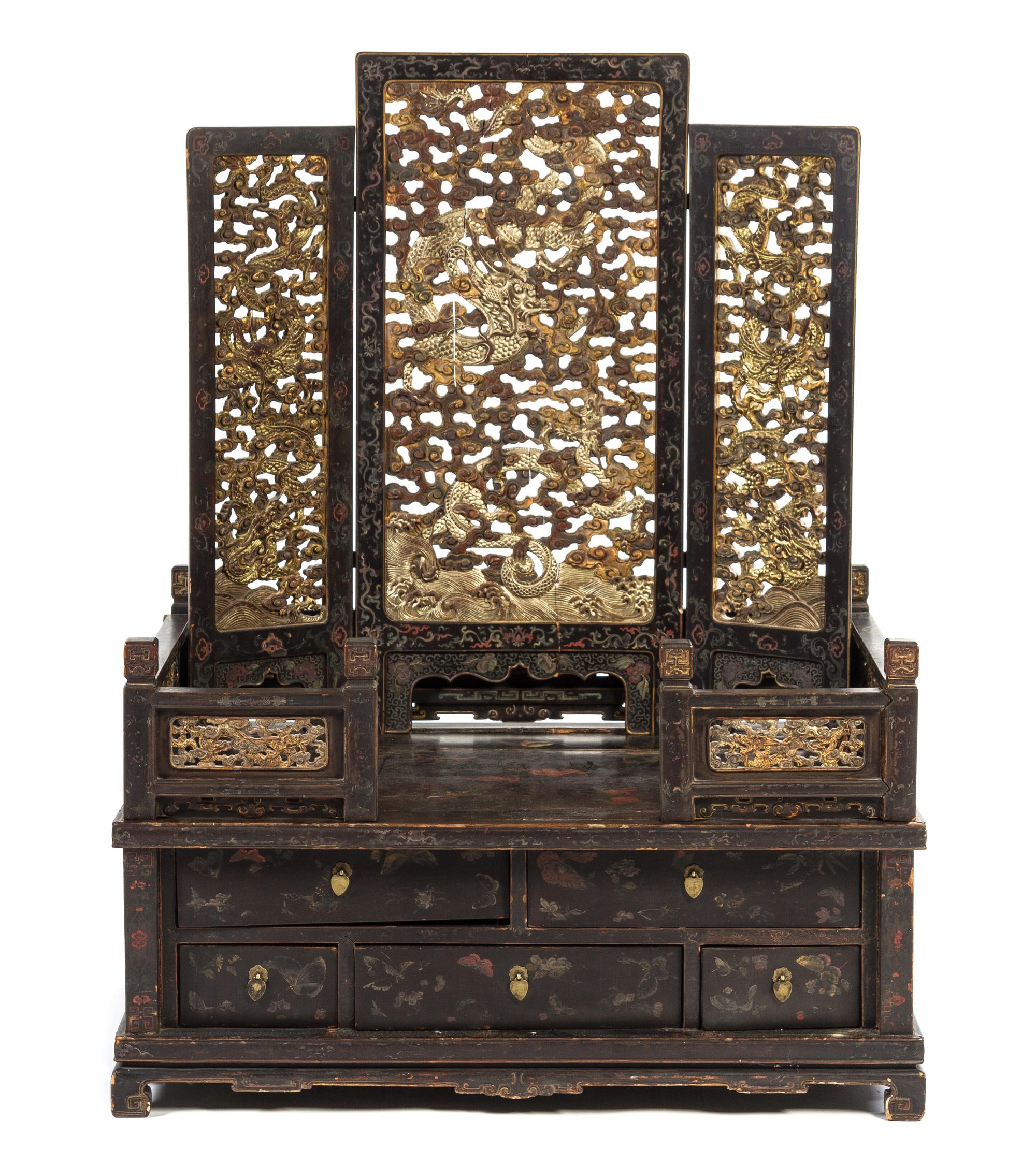 A Chinese Parcel Gilt and Black Lacquered Wood Dresser POSSIBLY 19TH CENTURY Height 39 1/4 x width 19 1/4 inches. — POSSIBLY 19TH CENTURY