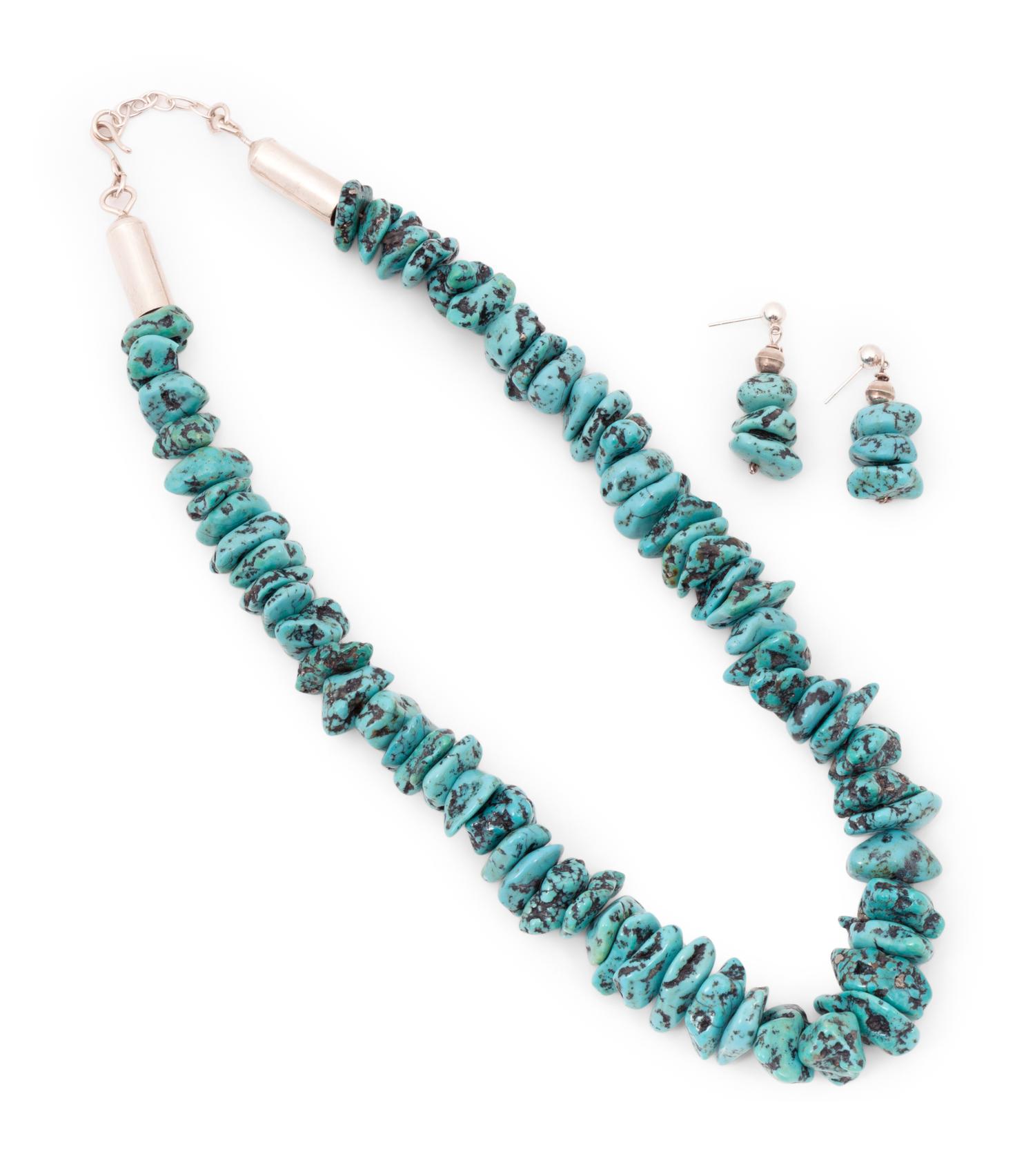 Single-strand Turquoise Nugget Necklace and Post Earrings