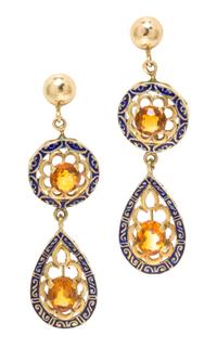 A Pair of 14 Karat Yellow Gold, Citrine and Enamel Earclips, 8.70 dwts.