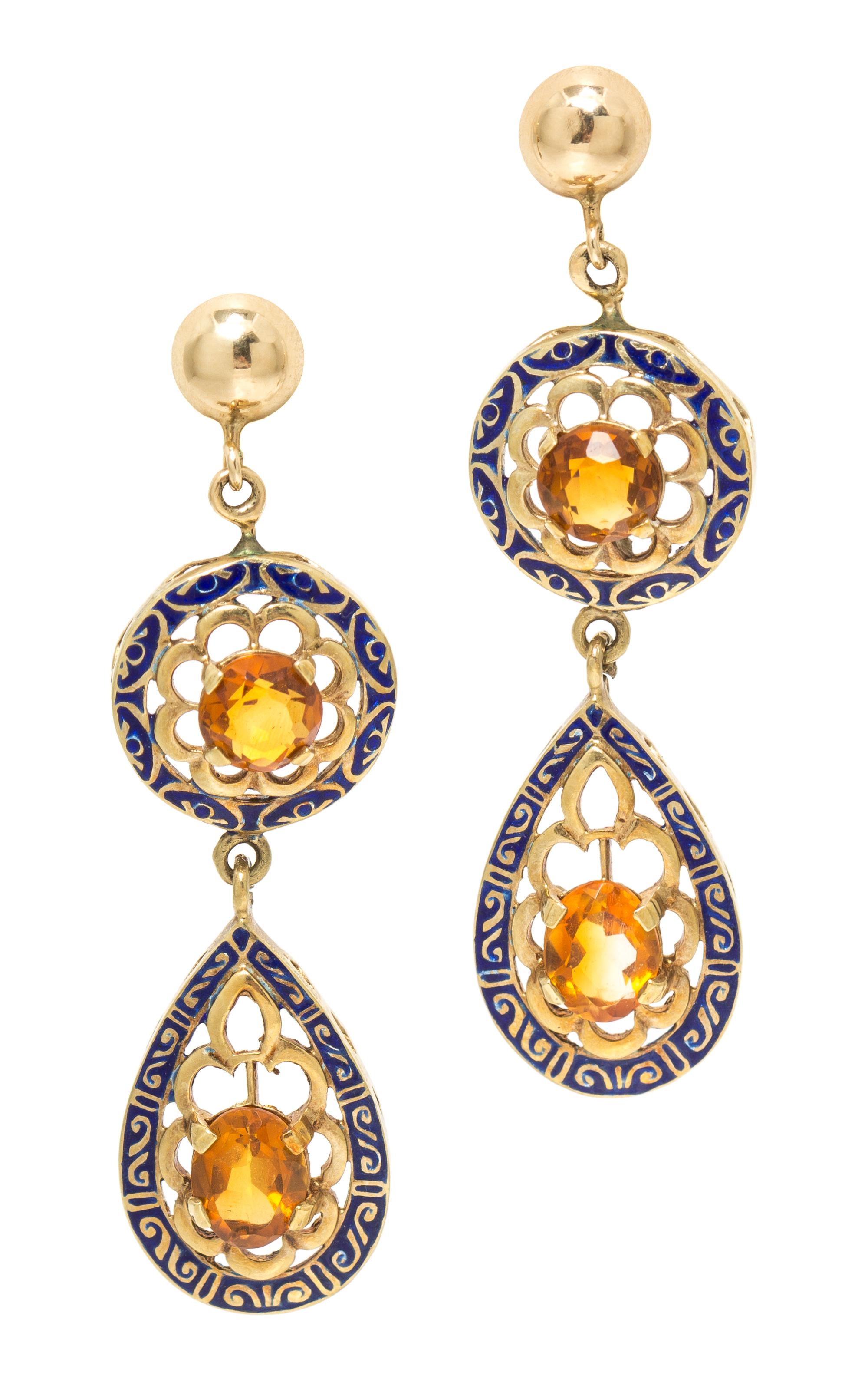 A Pair of 14 Karat Yellow Gold, Citrine and Enamel Earclips, 8.70 dwts.