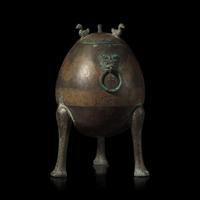 A Chinese Copper Inlaid Archaistic Bronze Vessel, Dui, Ming Dynasty or Earlier 明或更早 錯紅銅仿古青銅鐓