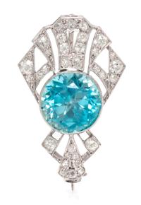 A Platinum, Blue Zircon and Diamond Brooch, 4.90 dwts.