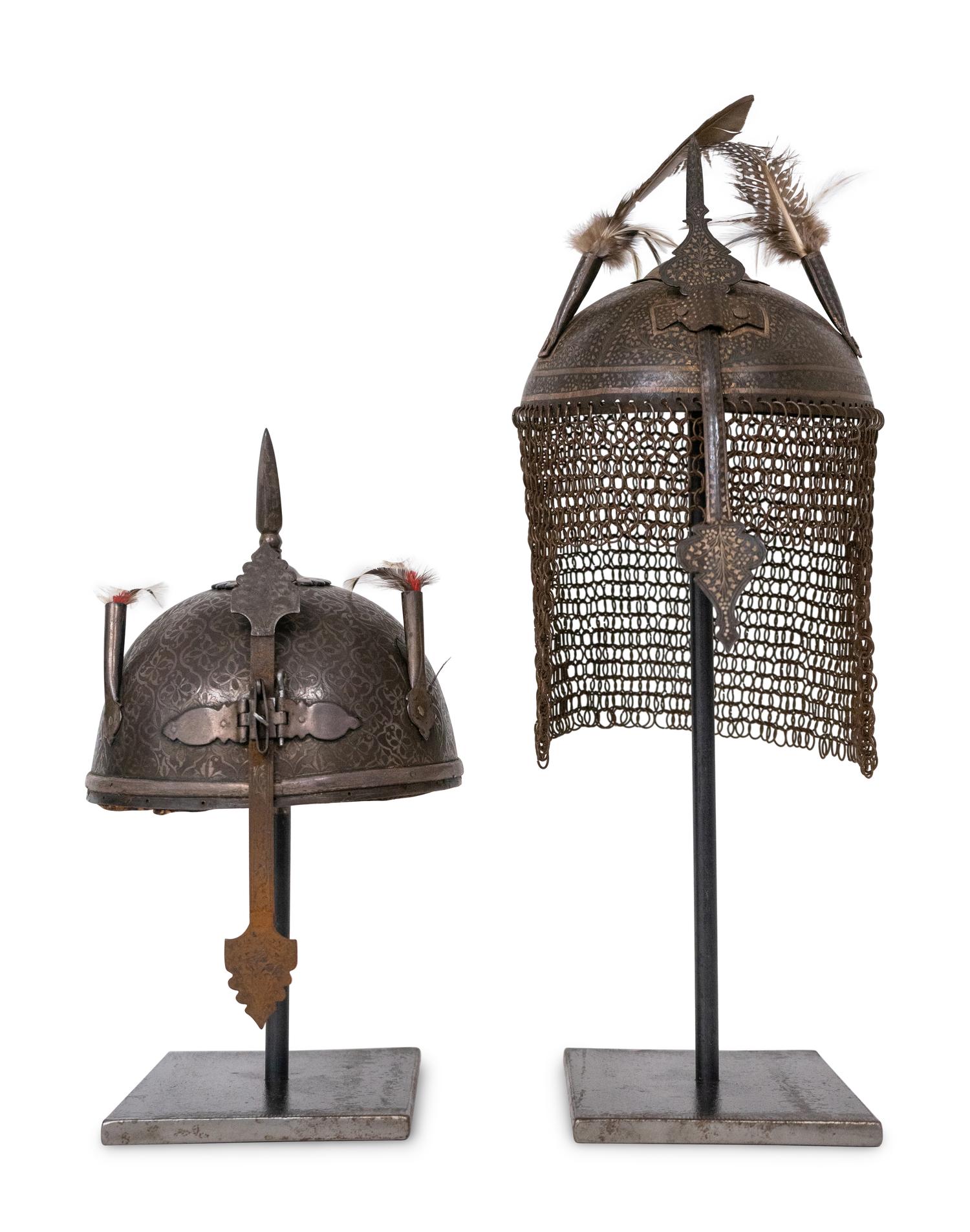 Two Ottoman Style Damascened Steel Helmets