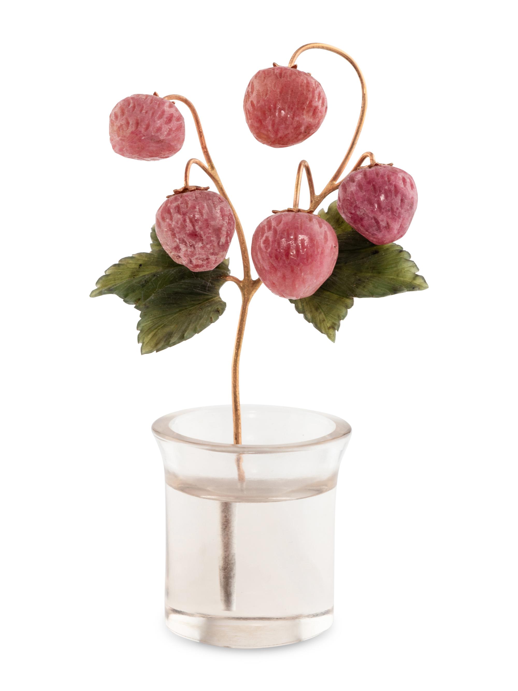 A Carved Rock Crystal, Rhodonite, Nephrite and 18-Karat Gold Strawberry Plant Study