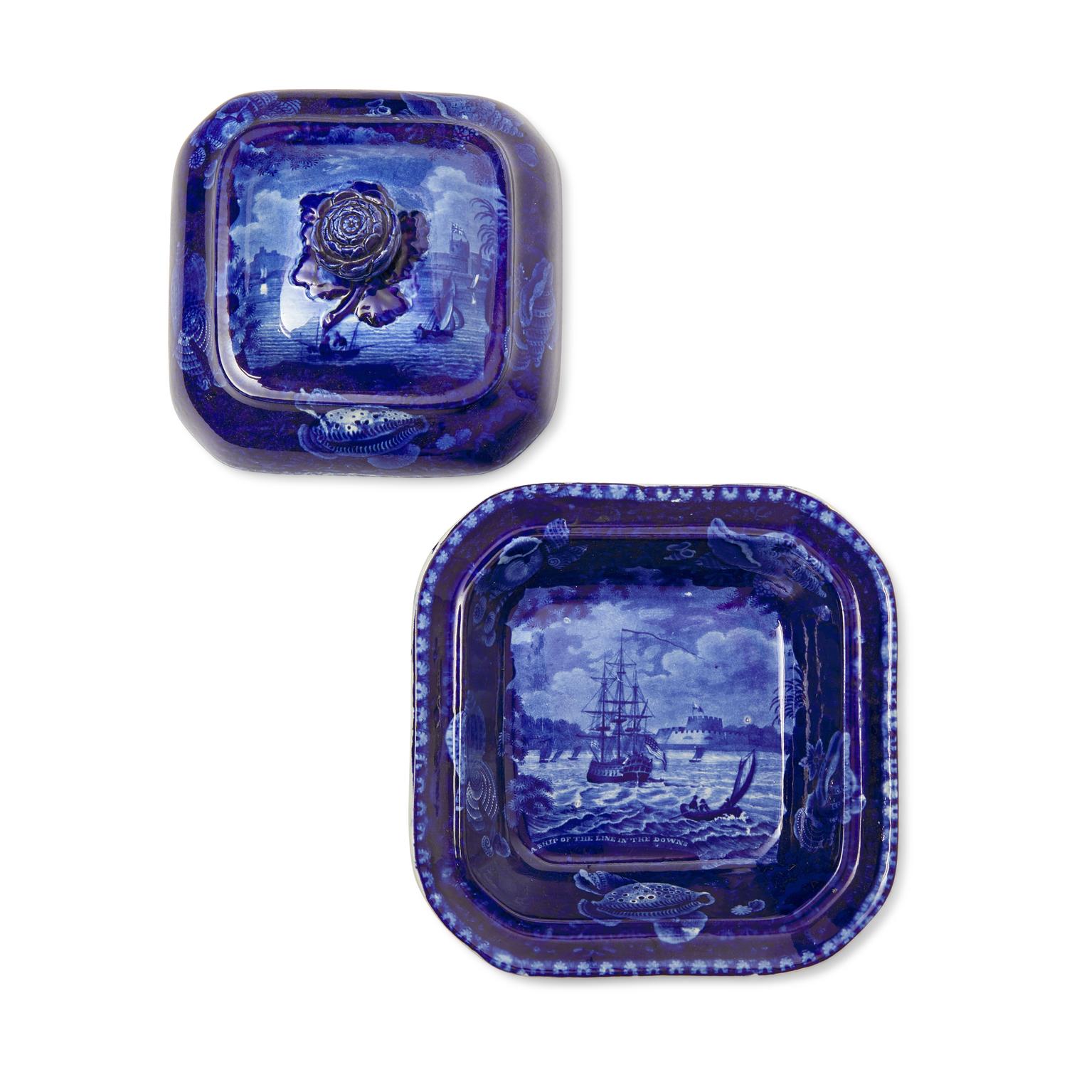 A Staffordshire Historical Blue "A Ship of the Line in the Downs" Covered Vegetable Dish