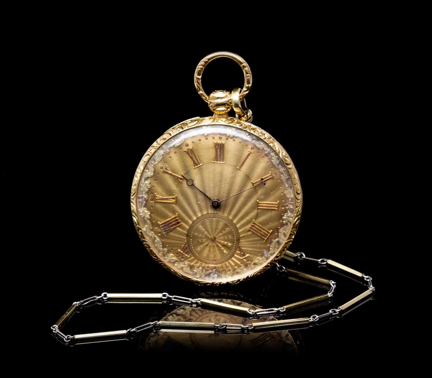 A Tricolor Gold Hunter Case Pocket Watch with Fob Chain,
