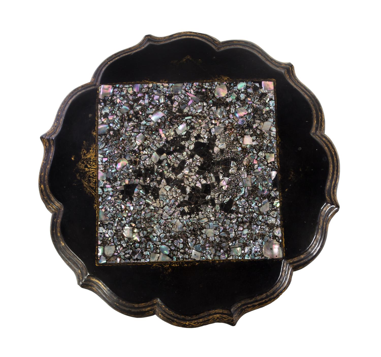 A Victorian Mother-of-Pearl Inlaid Papier Mache Table Height 28 1/2 x diameter of top 24 inches. — 19TH CENTURY