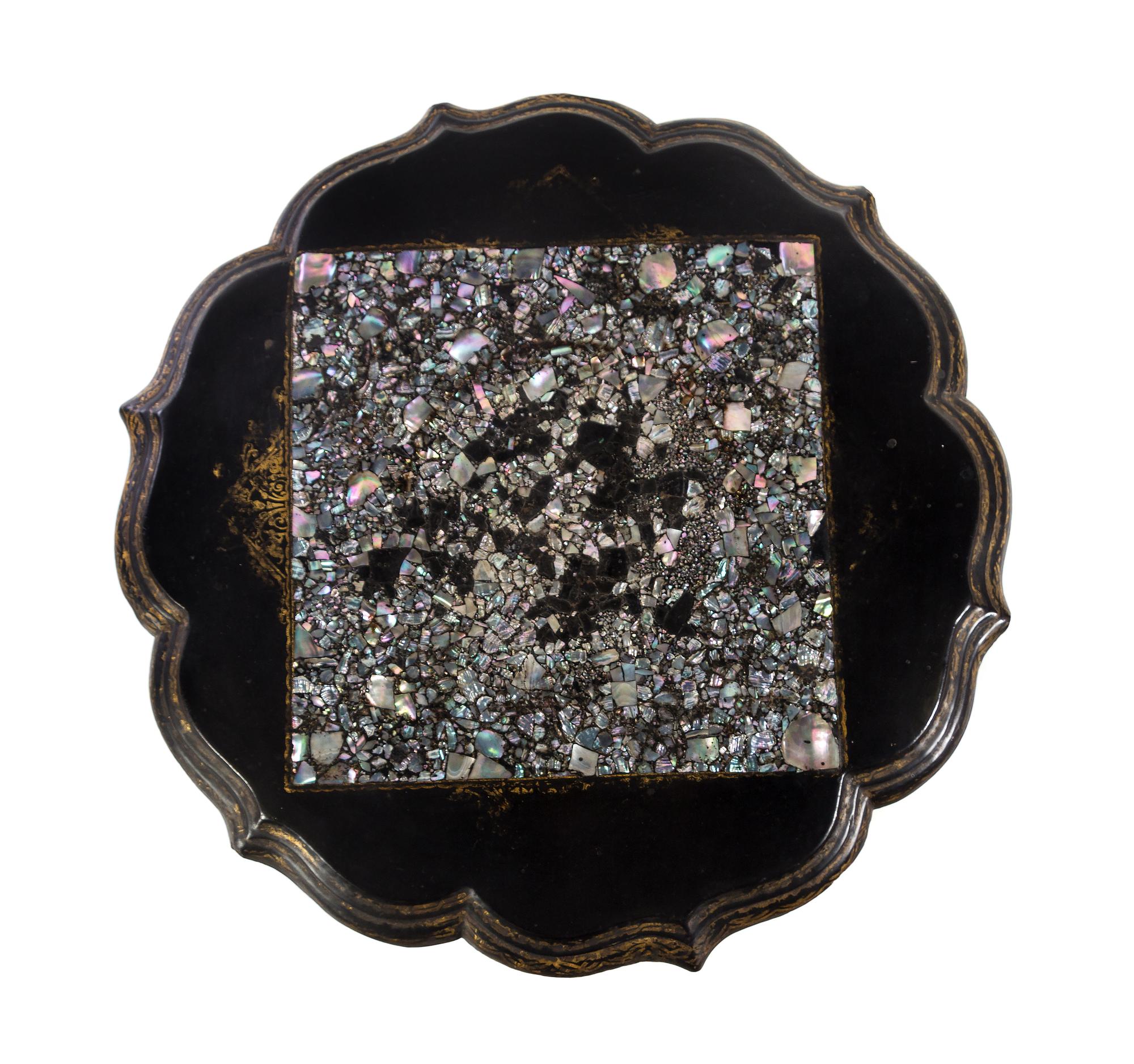 A Victorian Mother-of-Pearl Inlaid Papier Mache Table Height 28 1/2 x diameter of top 24 inches. — 19TH CENTURY