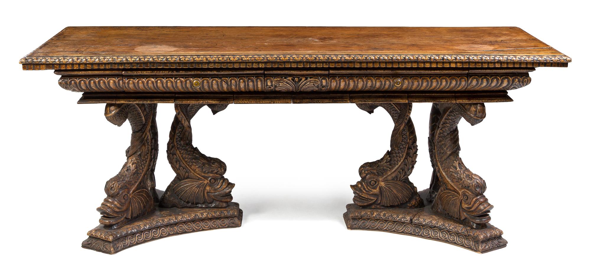 An Italian Renaissance Walnut Twin Pedestal Table Height 32 x width 87 x depth 29 1/2 inches. — 16TH/17TH CENTURY