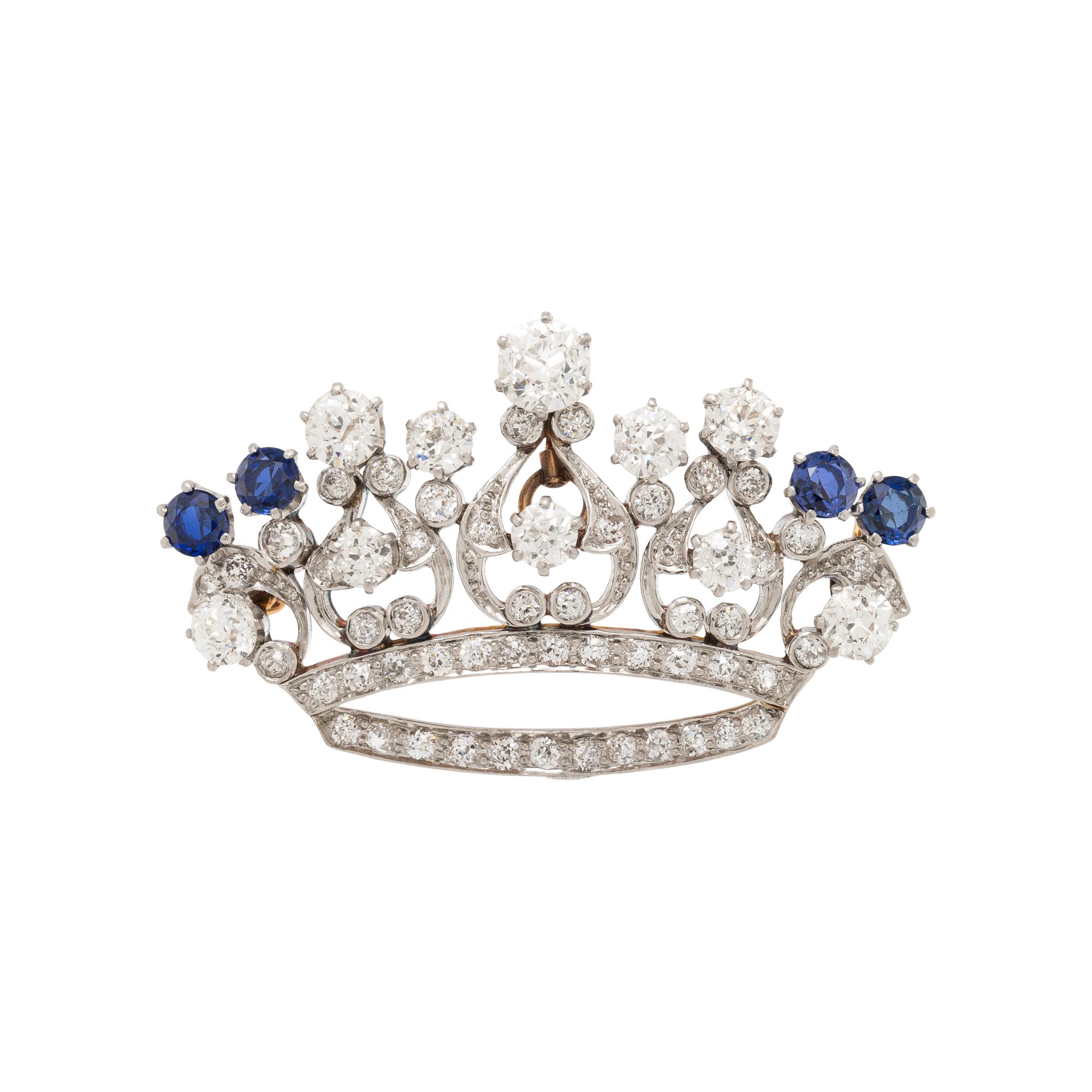 EDWARDIAN, PLATINUM-TOPPED GOLD AND DIAMOND CROWN PENDANT BROOCH