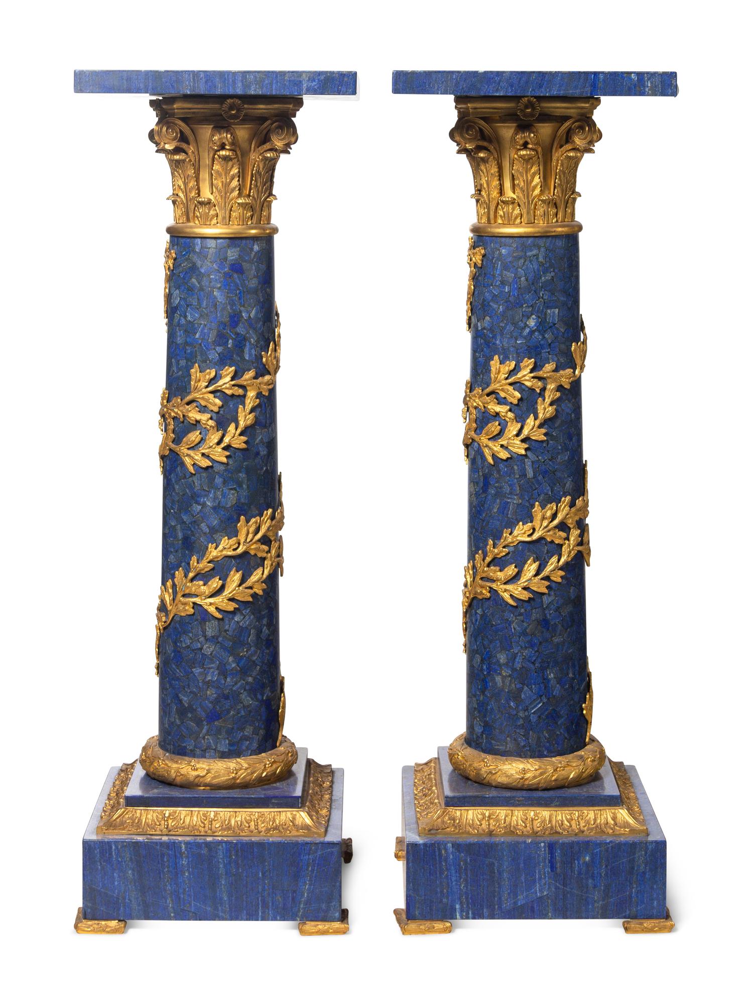 A Pair of Empire Style Gilt Bronze and Lapis Lazuli Pedestals