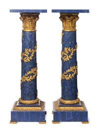 A Pair of Empire Style Gilt Bronze and Lapis Lazuli Pedestals