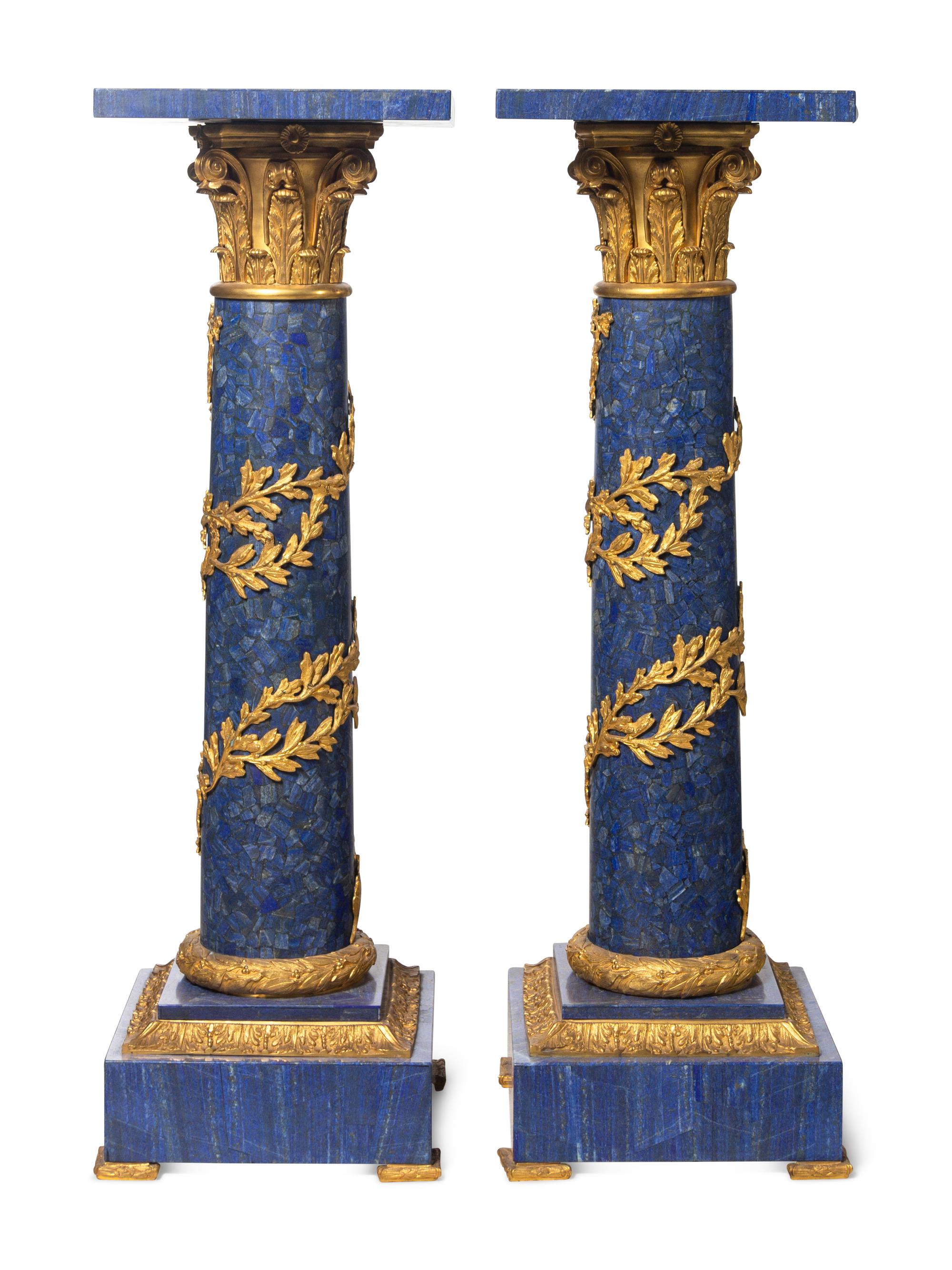 A Pair of Empire Style Gilt Bronze and Lapis Lazuli Pedestals
