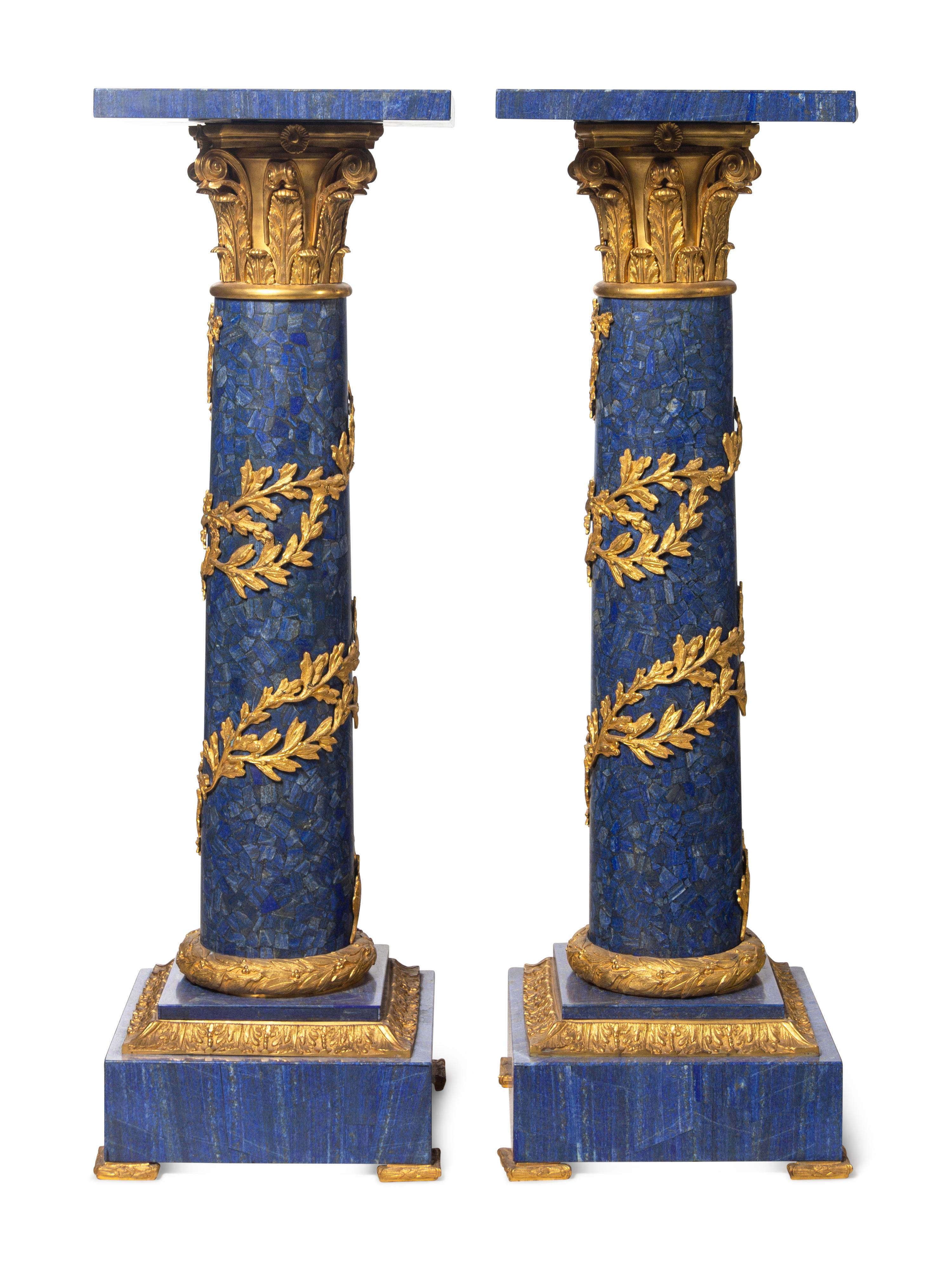 A Pair of Empire Style Gilt Bronze and Lapis Lazuli Pedestals