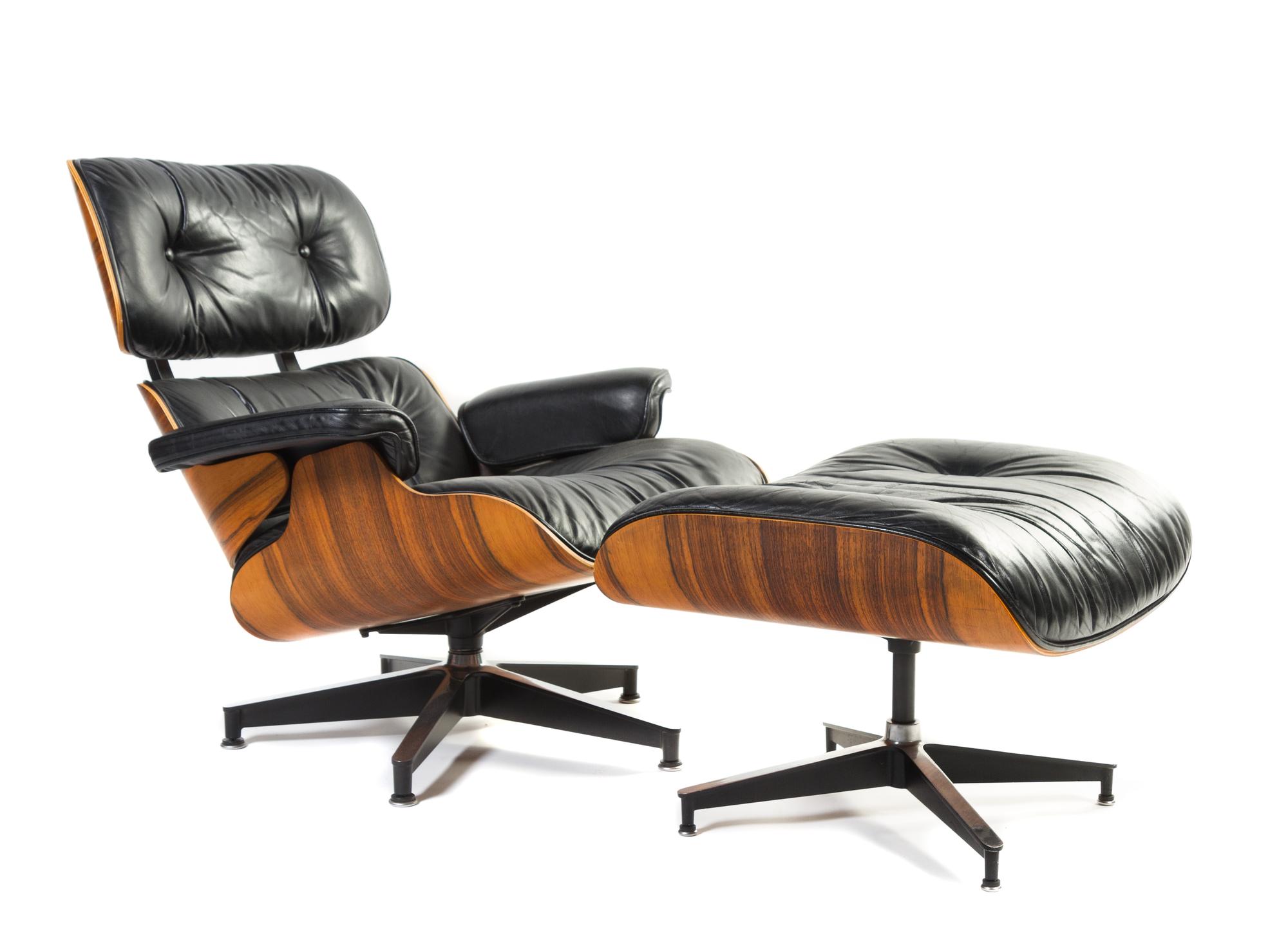 A Charles and Ray Eames for Herman Miller Leather Upholstered Lounge Chair and Ottoman Height of chair 32 1/4 inches.