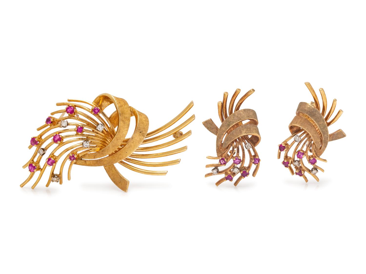 A 14 Karat Yellow Gold, Ruby and Diamond Demi-Parure,