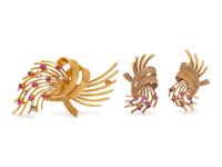 A 14 Karat Yellow Gold, Ruby and Diamond Demi-Parure,