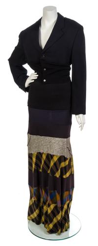 A Comme des Garcons Navy Wool and Patchwork Convertible Skirt Ensemble, Jacket size S, skirt size M.