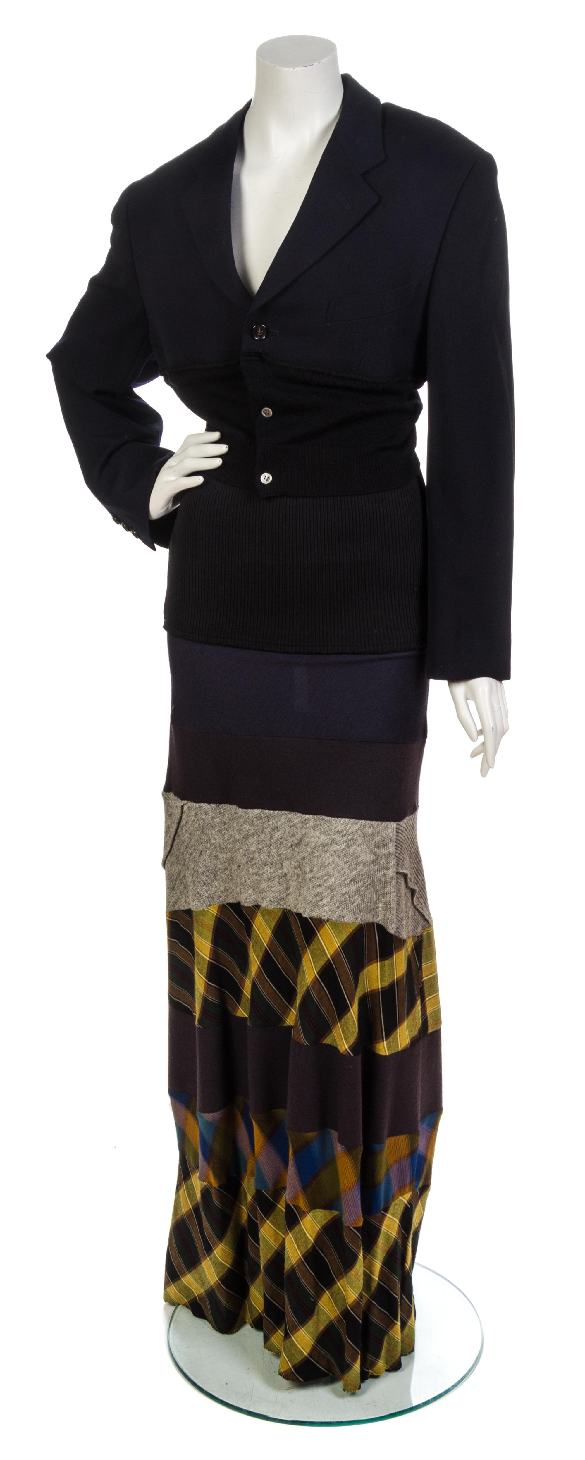A Comme des Garcons Navy Wool and Patchwork Convertible Skirt Ensemble, Jacket size S, skirt size M.