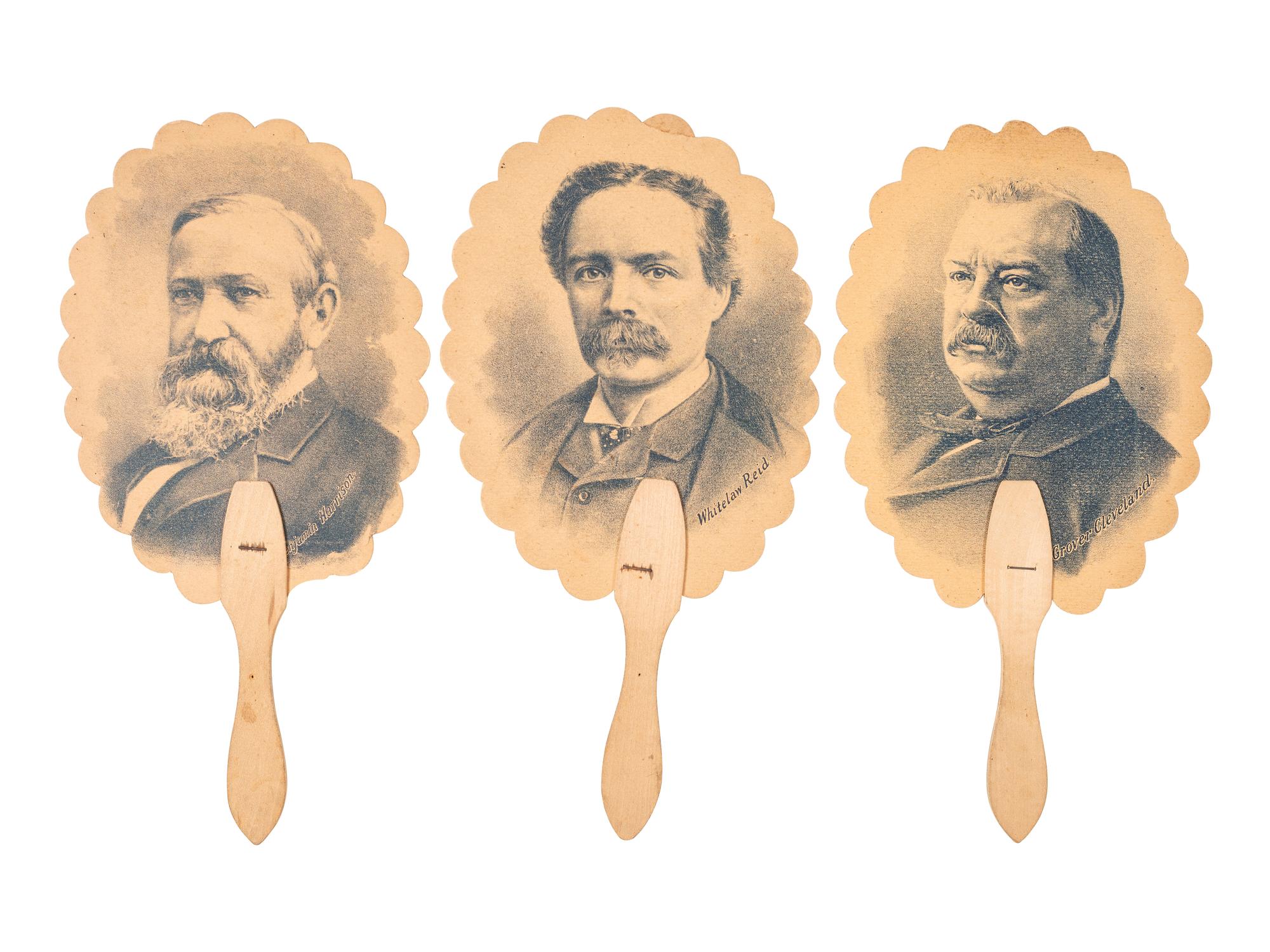 [1888 ELECTION] -- [HARRISON, Benjamin] -- [CLEVELAND, Grover]. A group of fans, covers, cabinet cards, and other ephemera related to the 1888 presidential election, including: