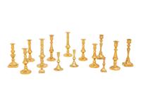 A Collection of Fifteen English Brass Diminutive Candlesticks and Tapersticks