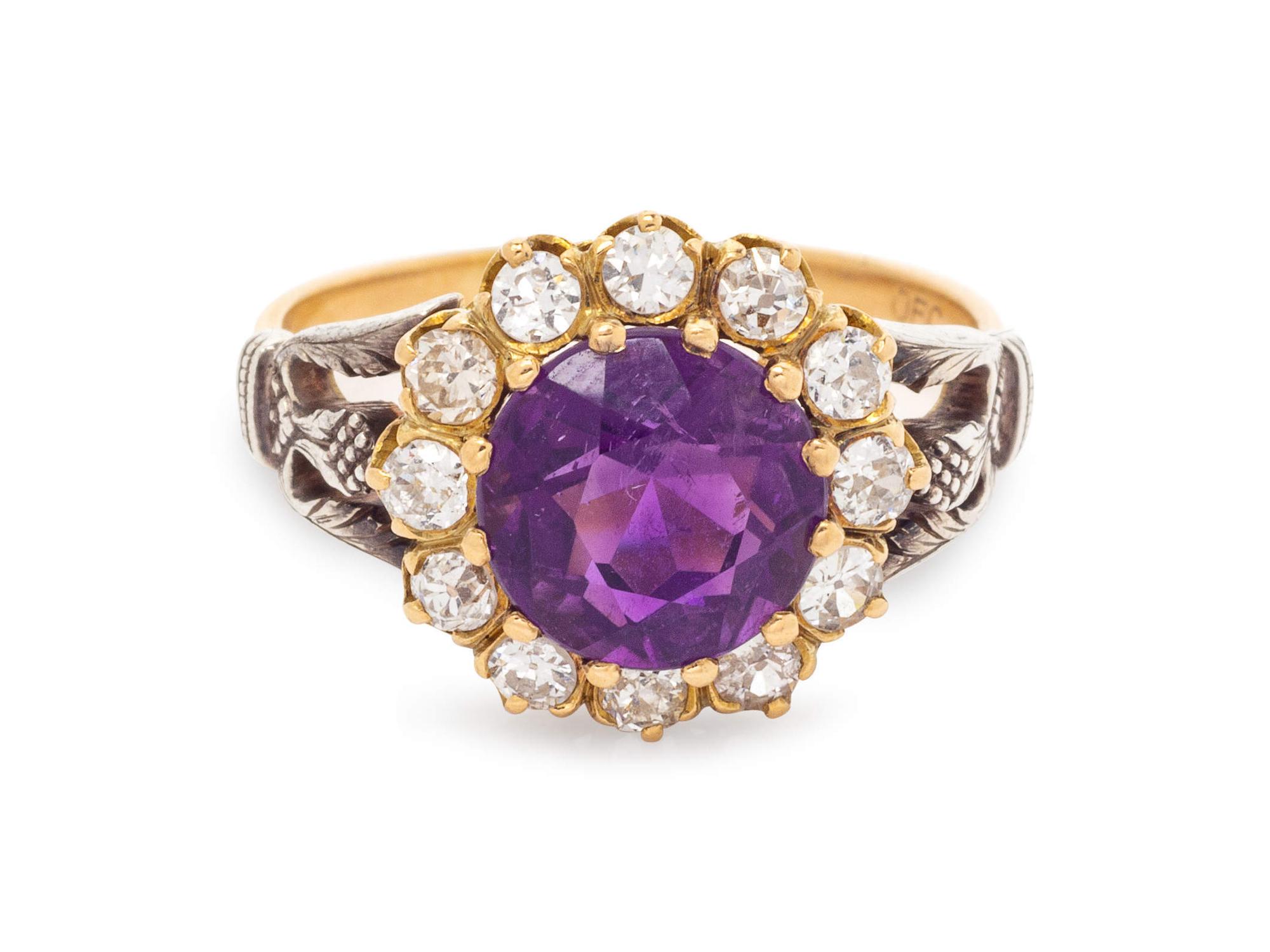 A Yellow Gold, Silver, Amethyst and Diamond Ring,