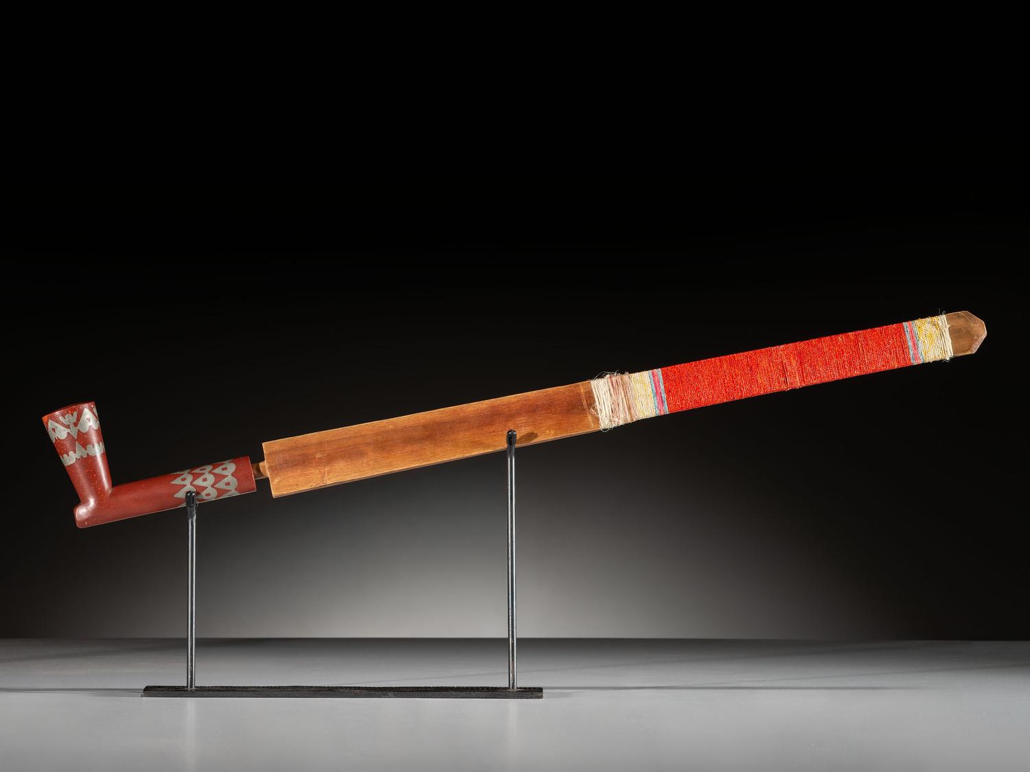 Northern Plains Quilled Pipe Stem, with Inlaid Catlinite Bowl