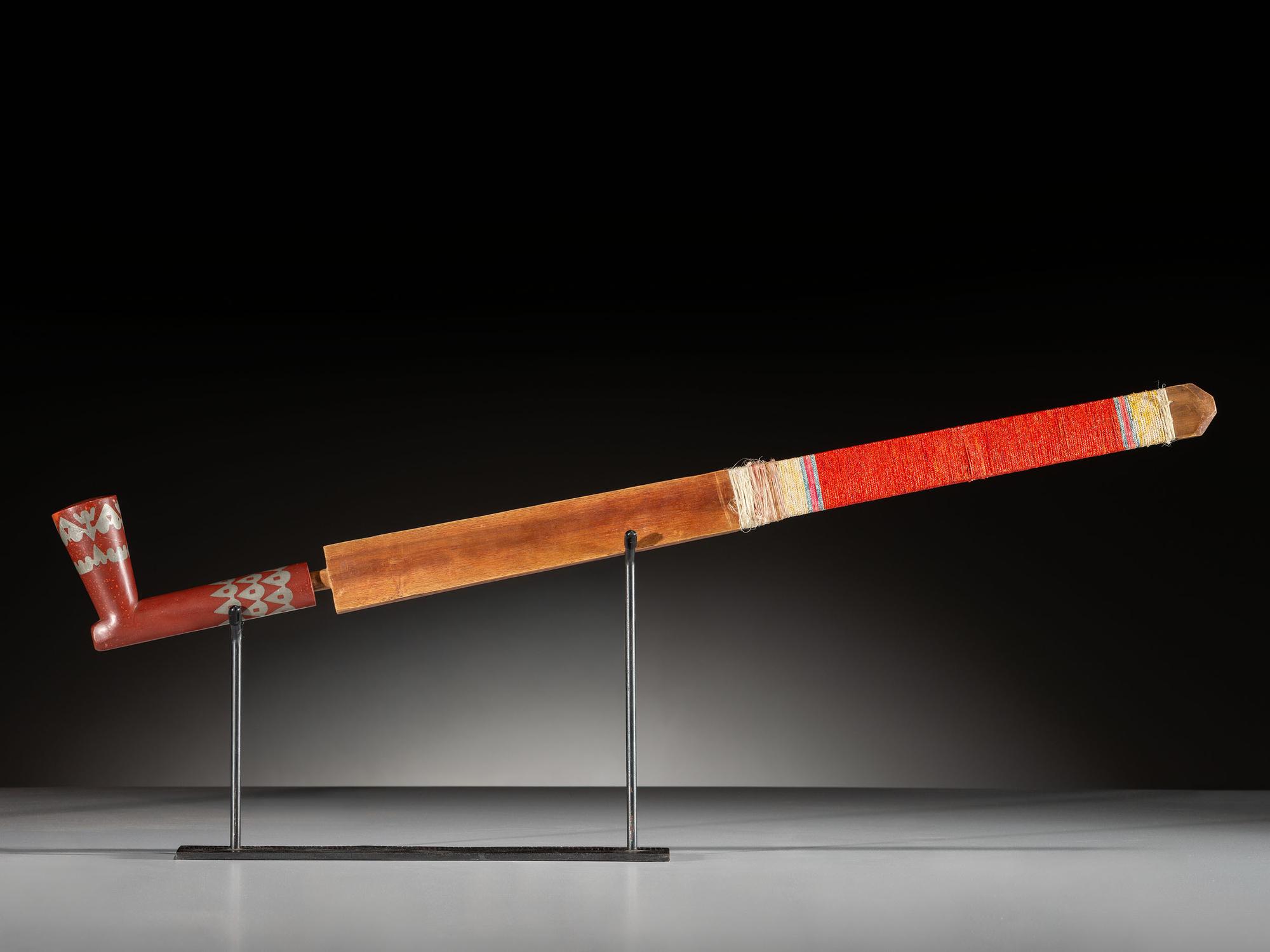Northern Plains Quilled Pipe Stem, with Inlaid Catlinite Bowl