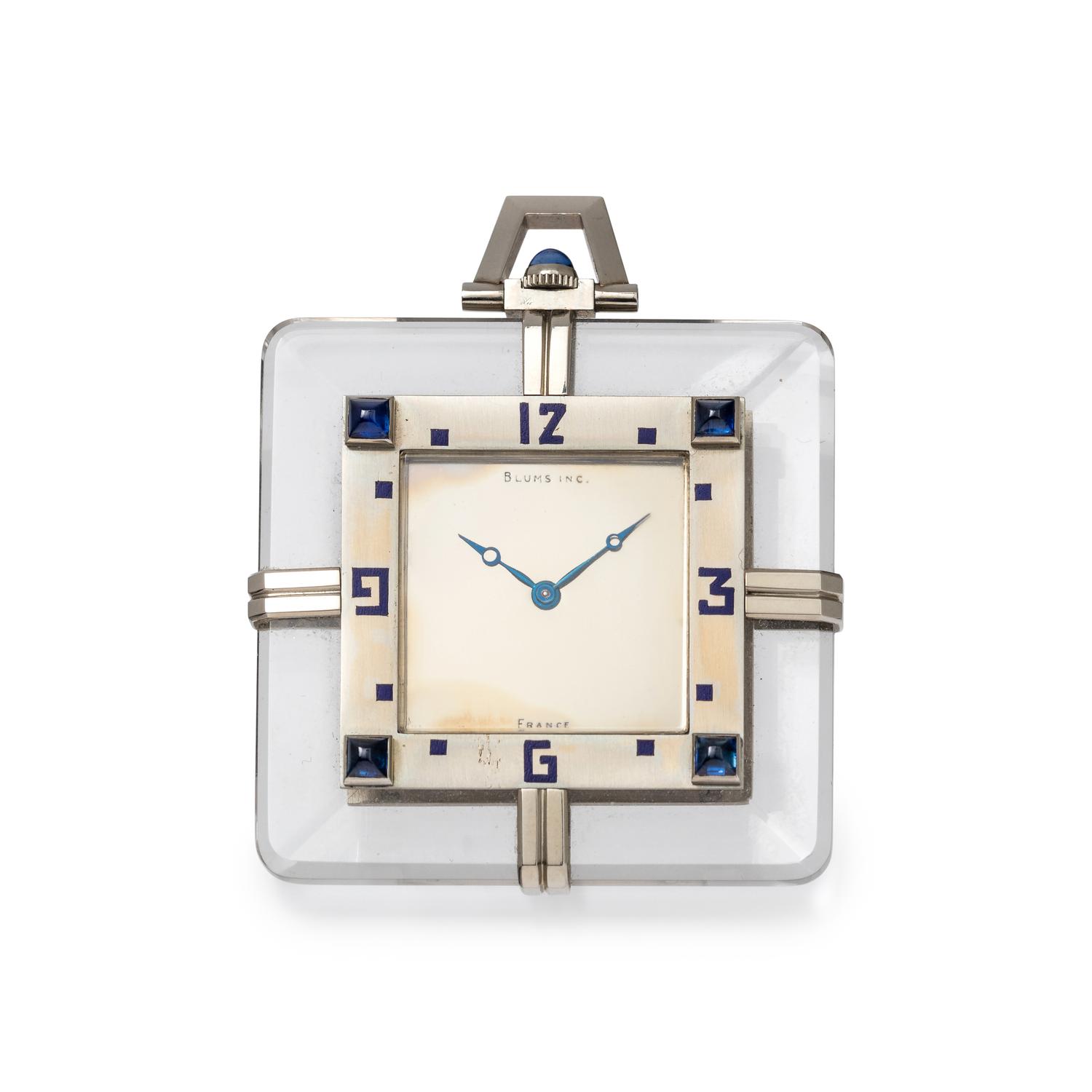 VACHERON CONSTANTIN, 18K WHITE GOLD, ROCK CRYSTAL AND SAPPHIRE OPEN FACE POCKET WATCH