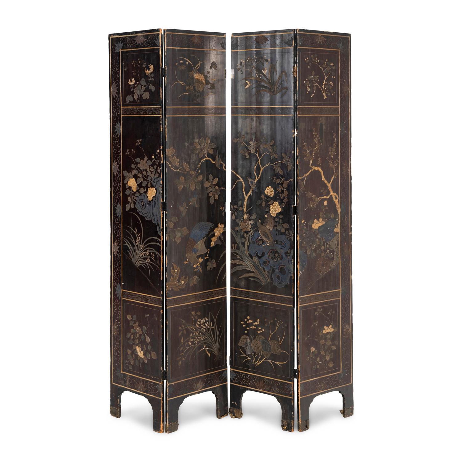 A Chinese Export Lacquer Four-Panel Floor Screen