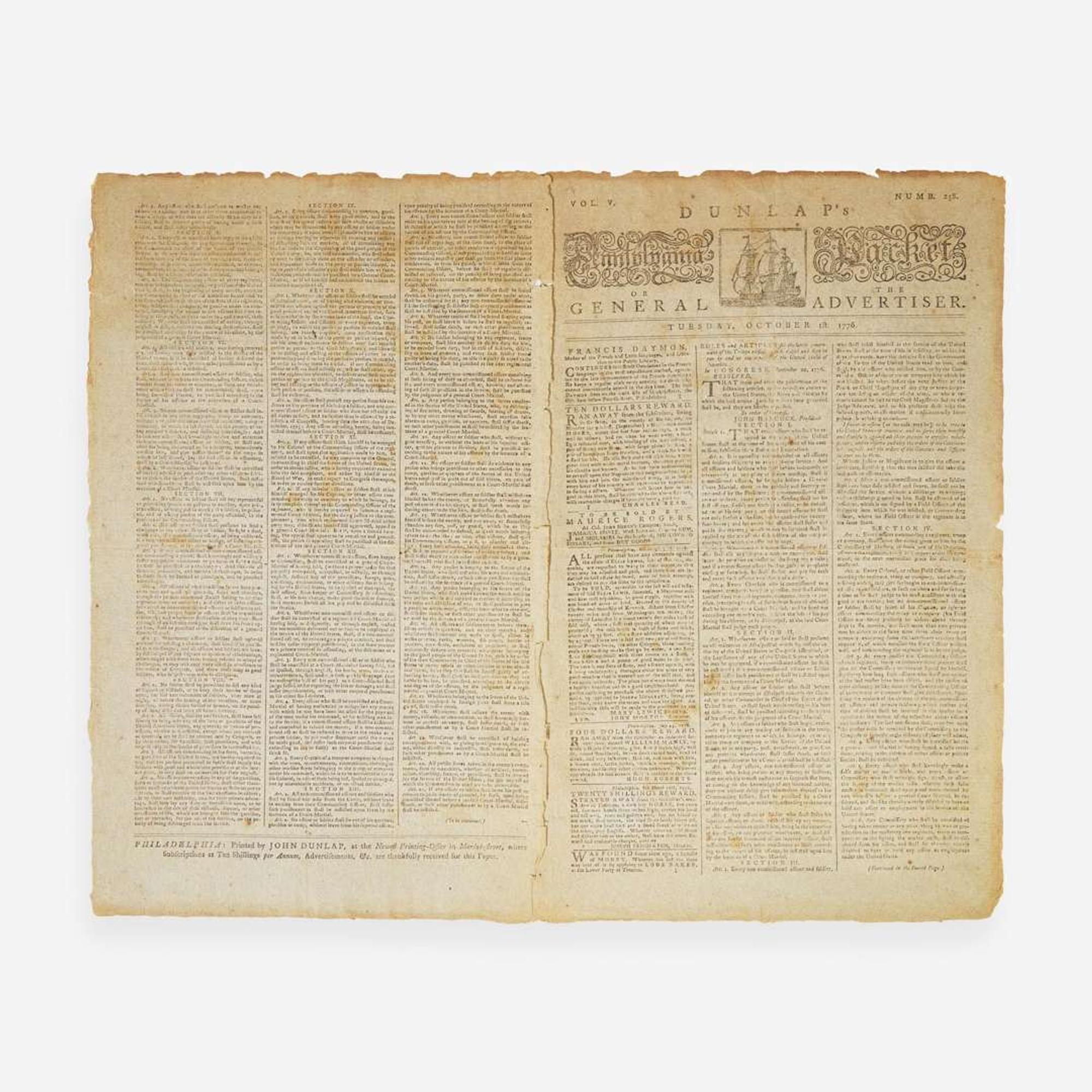 [American Revolution] [Hancock, John] Dunlap's Pennsylvania Packet Or The General Advertiser