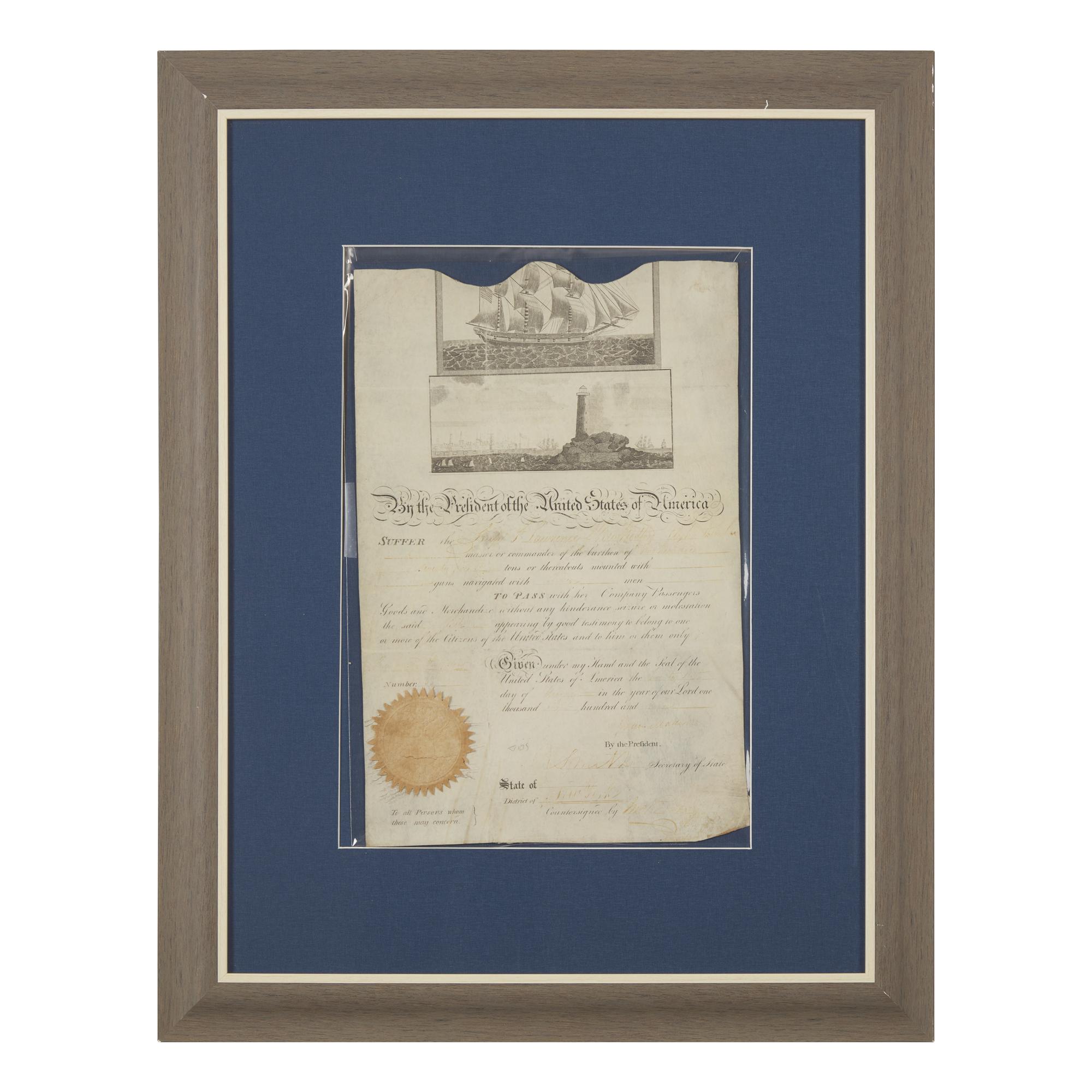 [Presidential] Madison, James. Partially-printed ship's passport, signed