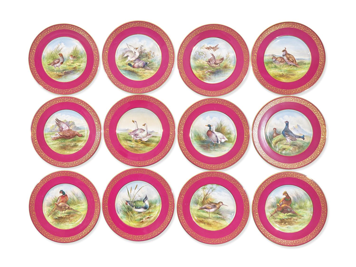 A Set of Twelve Spode Copeland Parcel Gilt Porcelain Ornithological Dinner Plates