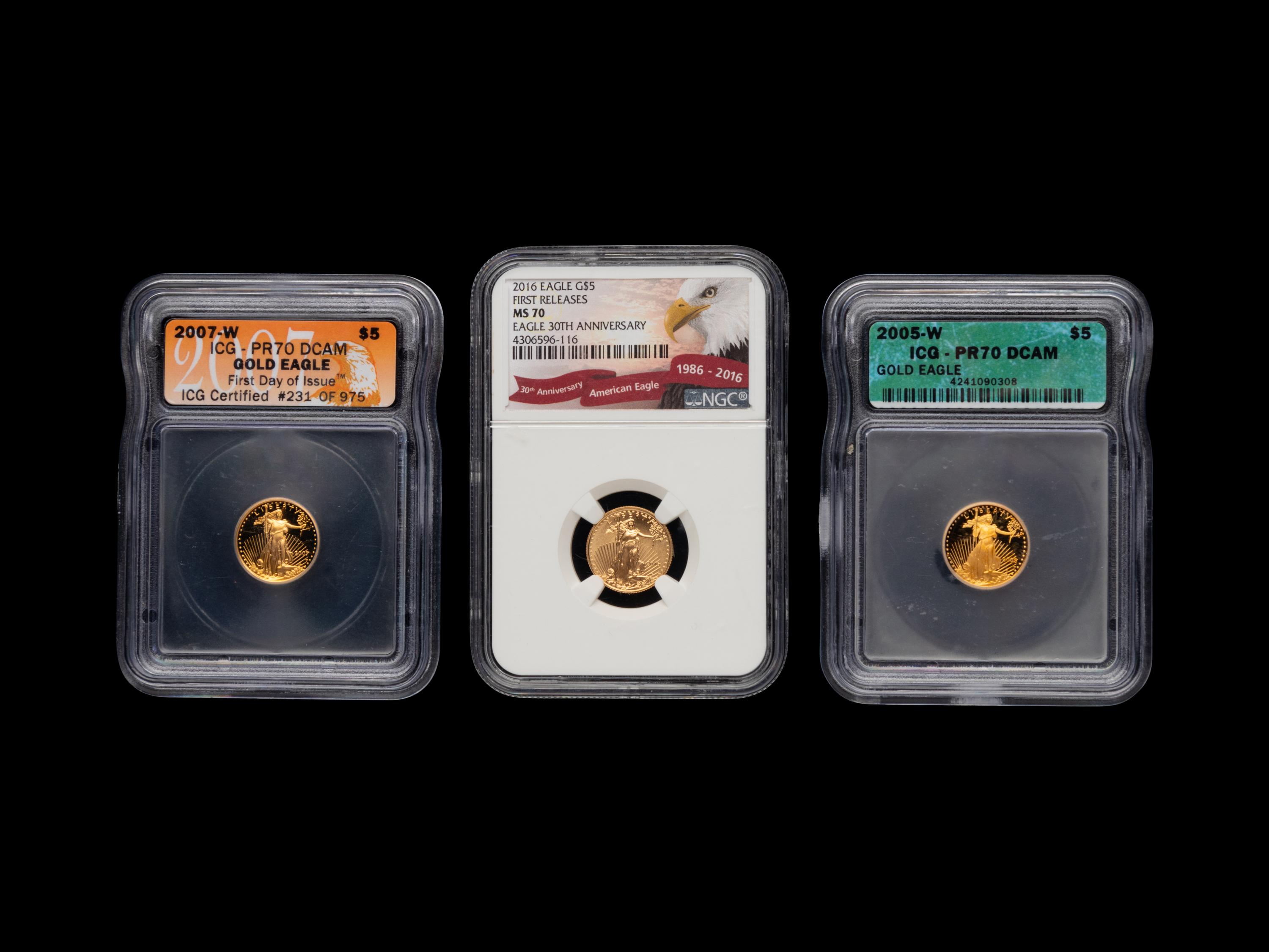 A Group of Three Gold Eagle $5 1/10 oz. Gold Mint and Proof Coins