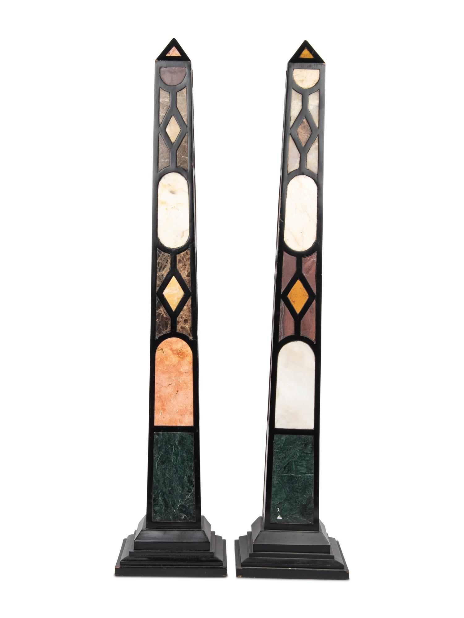 A Pair of Neoclassical Style Ebonized and Specimen Marble Obelisks