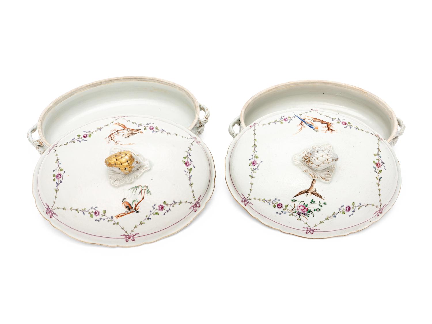 A Pair of Chinese Export Porcelain Vegetable Dishes and Covers with Twelve Matching Plates