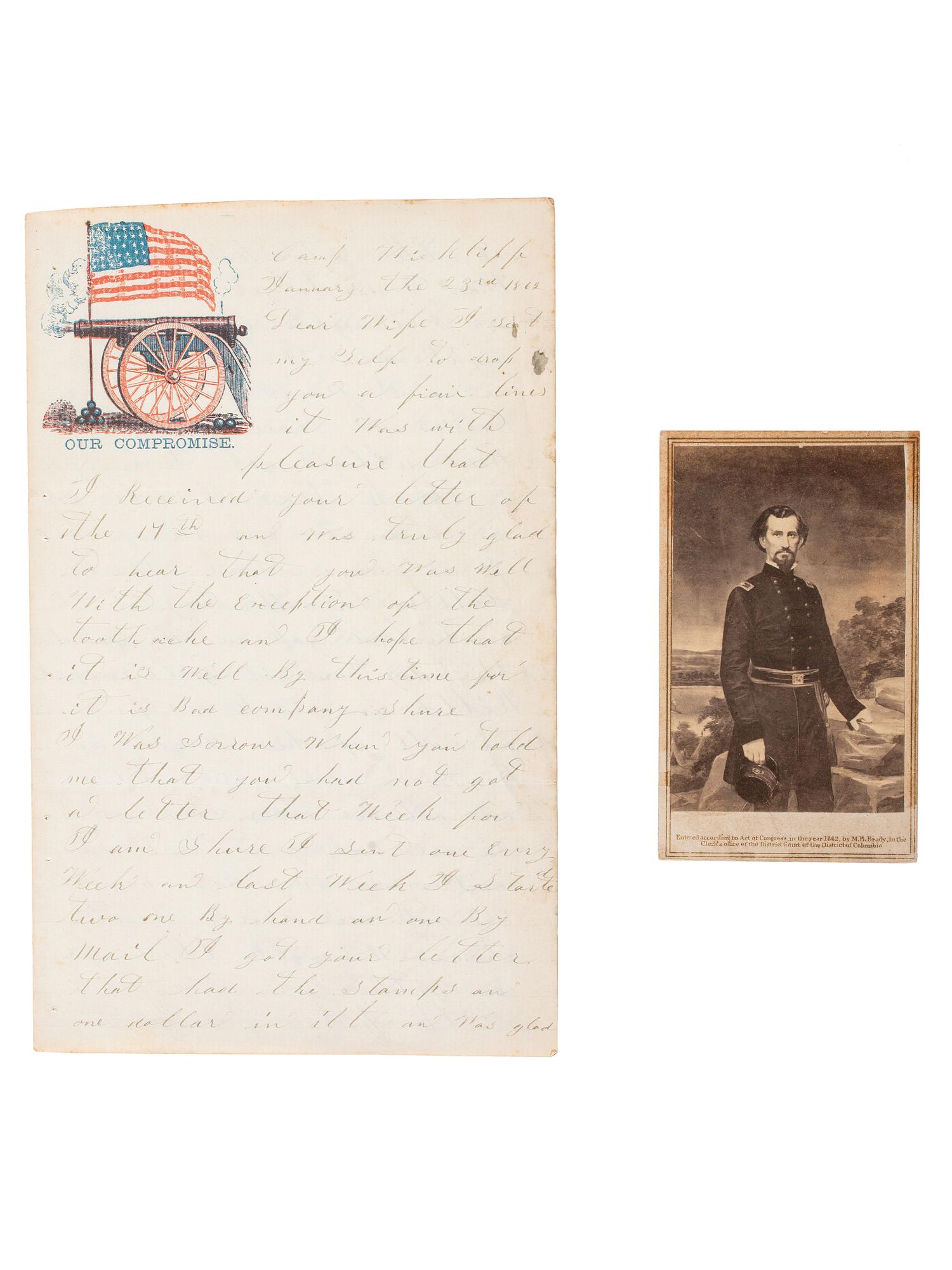[CIVIL WAR]. A group of 2 items involving CSA General Felix Zollicoffer (1812-1862), incl. CDV and 6pp. letter from 50th Indiana Private Eli Caress mentioning Zollicoffer's death.