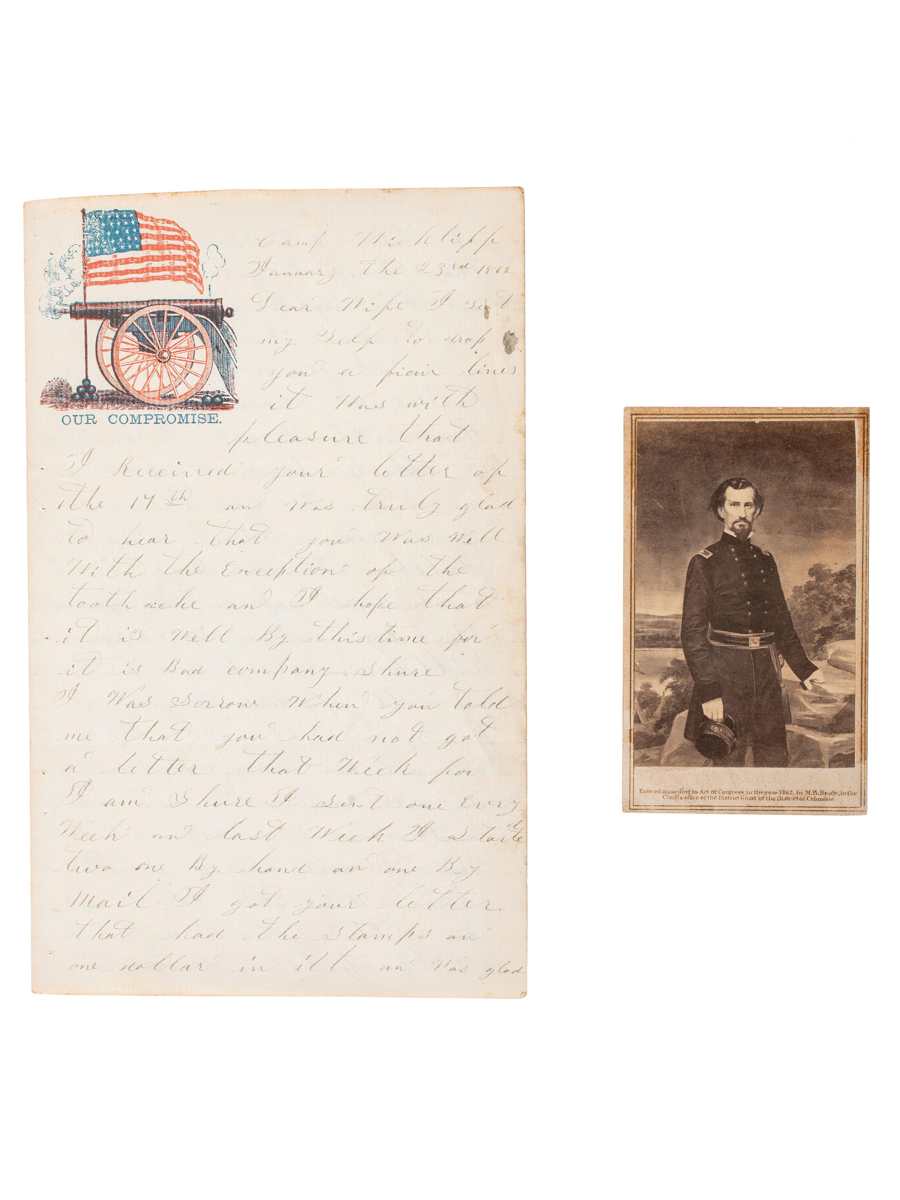 [CIVIL WAR]. A group of 2 items involving CSA General Felix Zollicoffer (1812-1862), incl. CDV and 6pp. letter from 50th Indiana Private Eli Caress mentioning Zollicoffer's death.