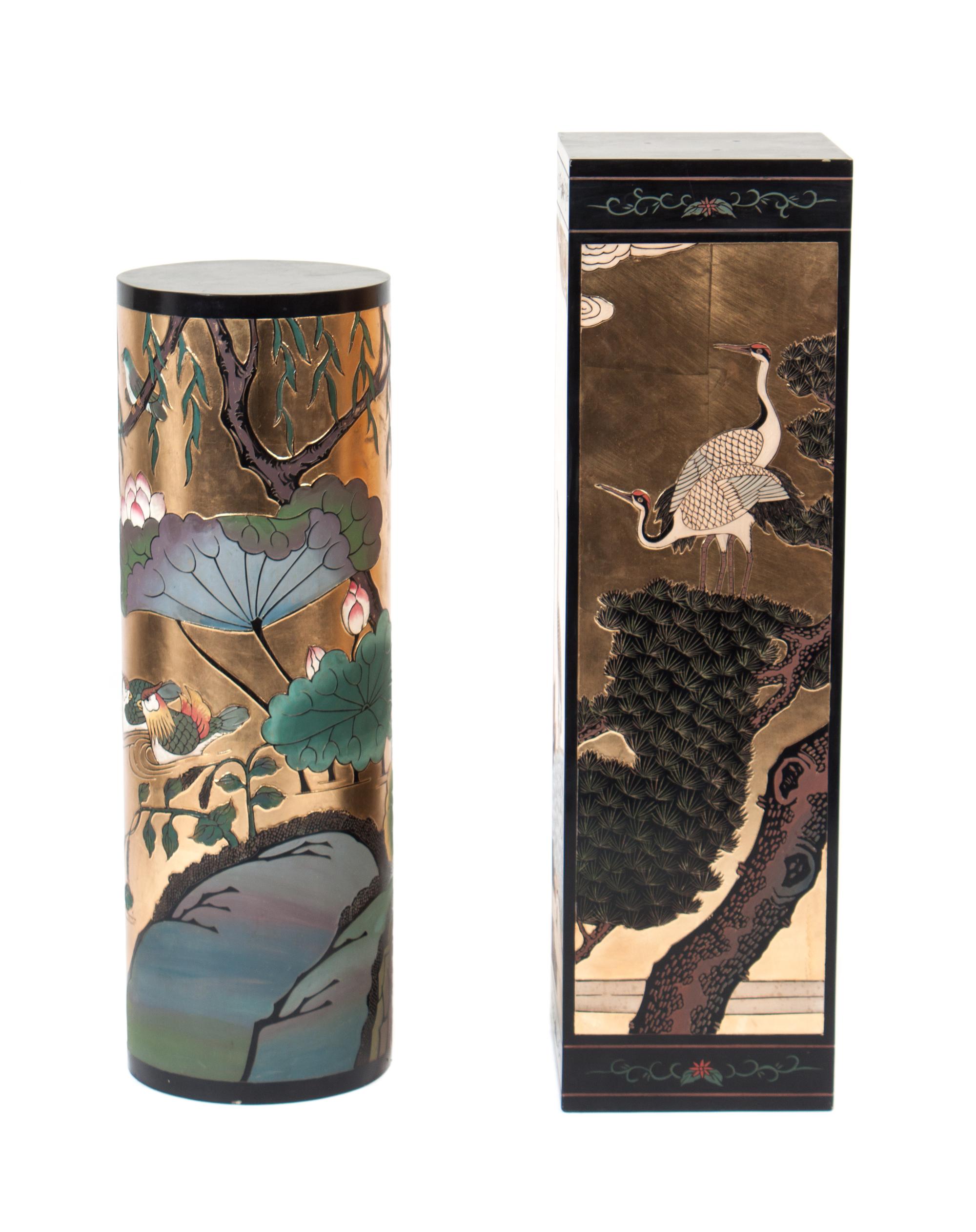 Two Giltwood Painted Pedestals Height of taller 42 inches.