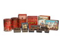 A Collection and Paint Decorated and Lithographed Advertising Tins and Banks