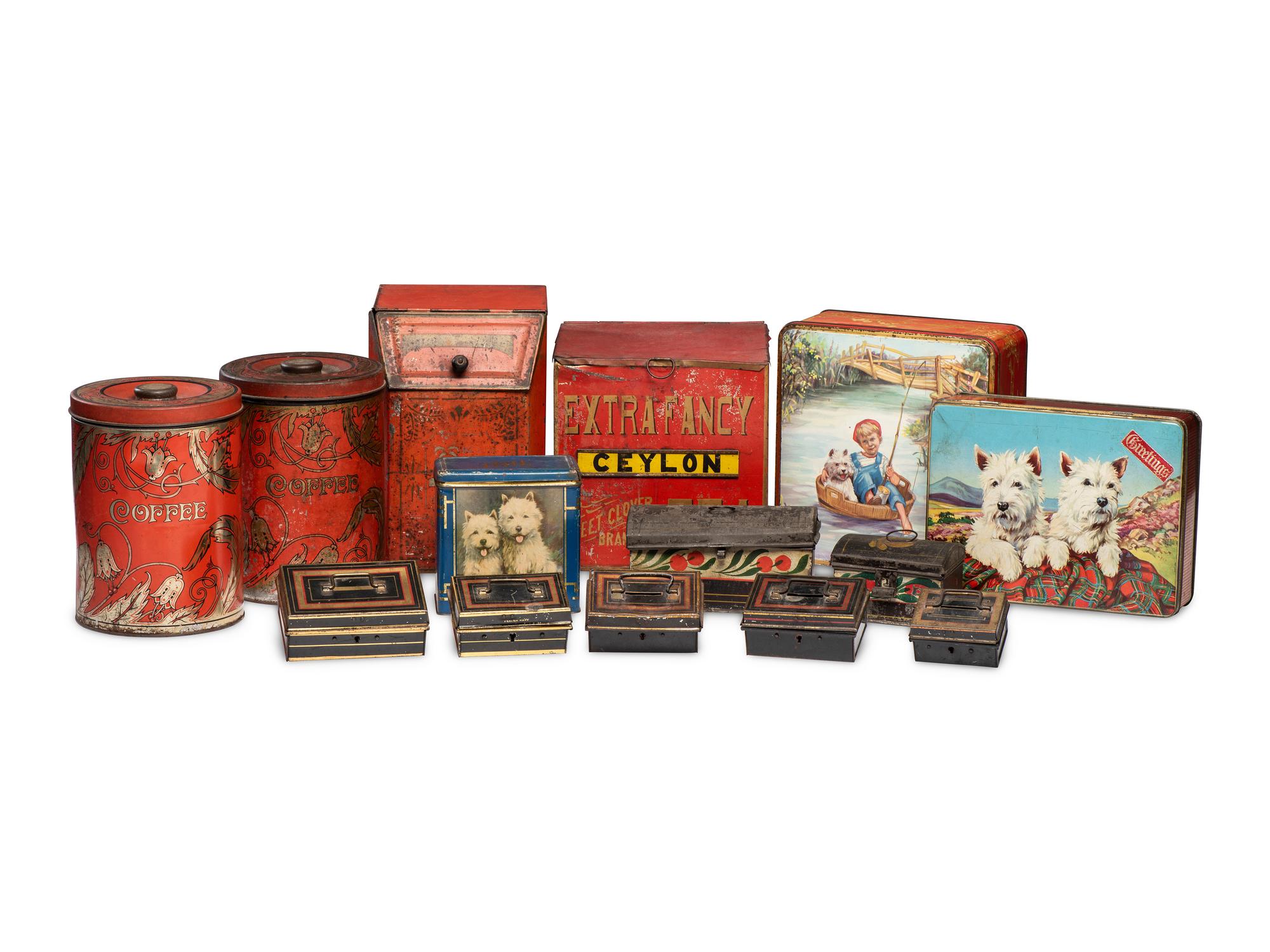 A Collection and Paint Decorated and Lithographed Advertising Tins and Banks